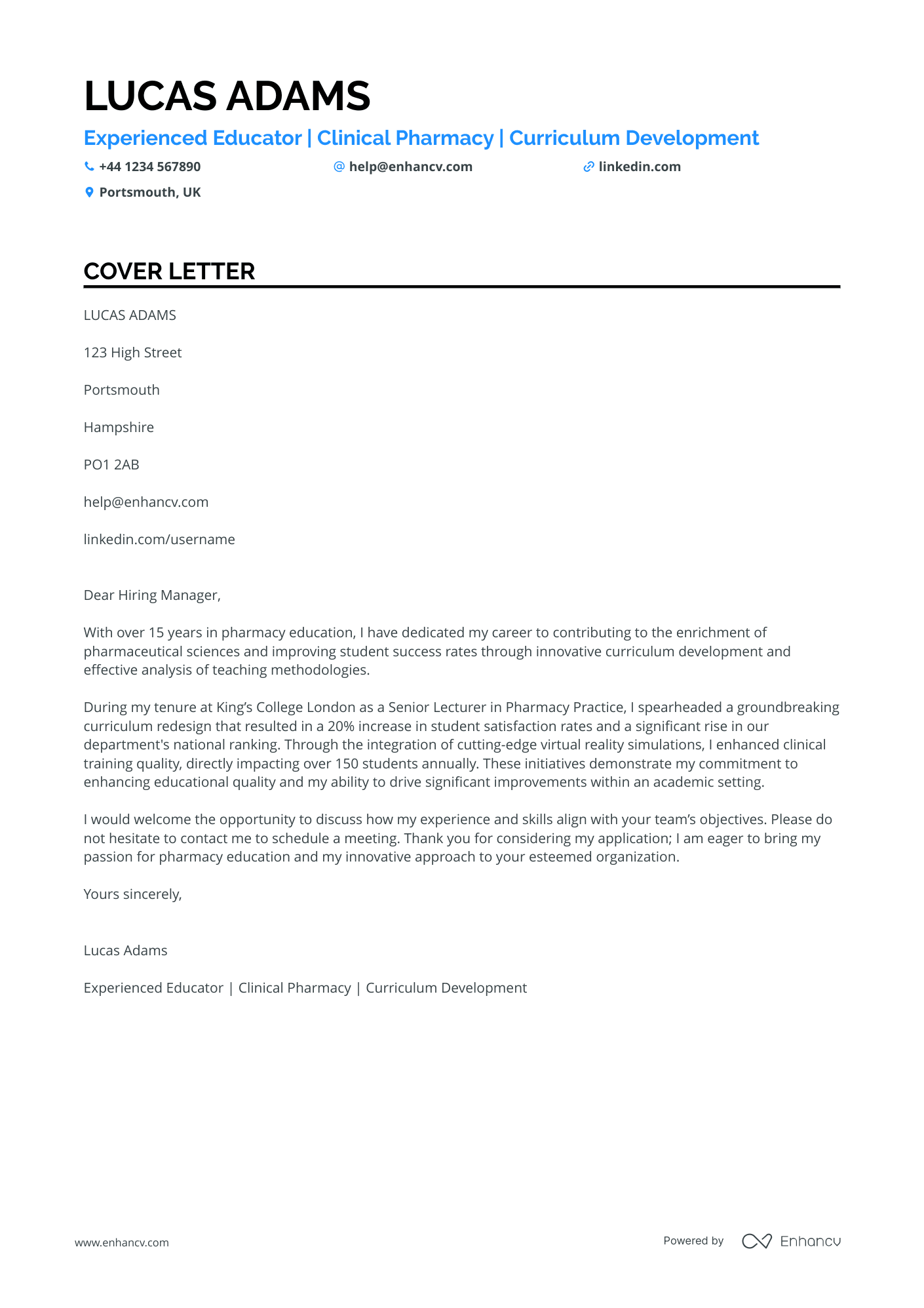 Professor cover letter example