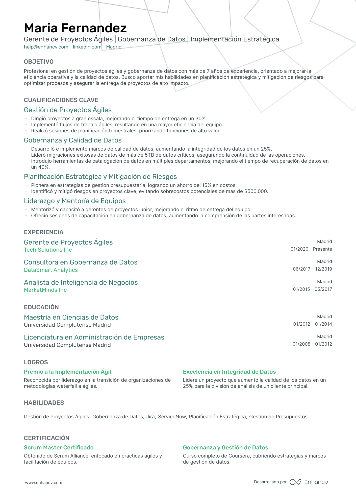 Gerente de Proyectos Ágiles | Gobernanza de Datos | Implementación Estratégica resume example