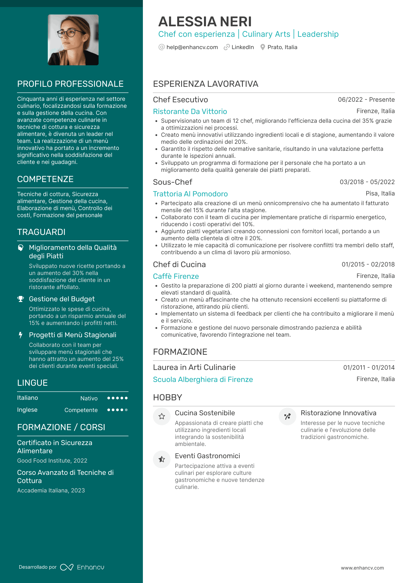 Chef con esperienza | Culinary Arts | Leadership Esempio di CV