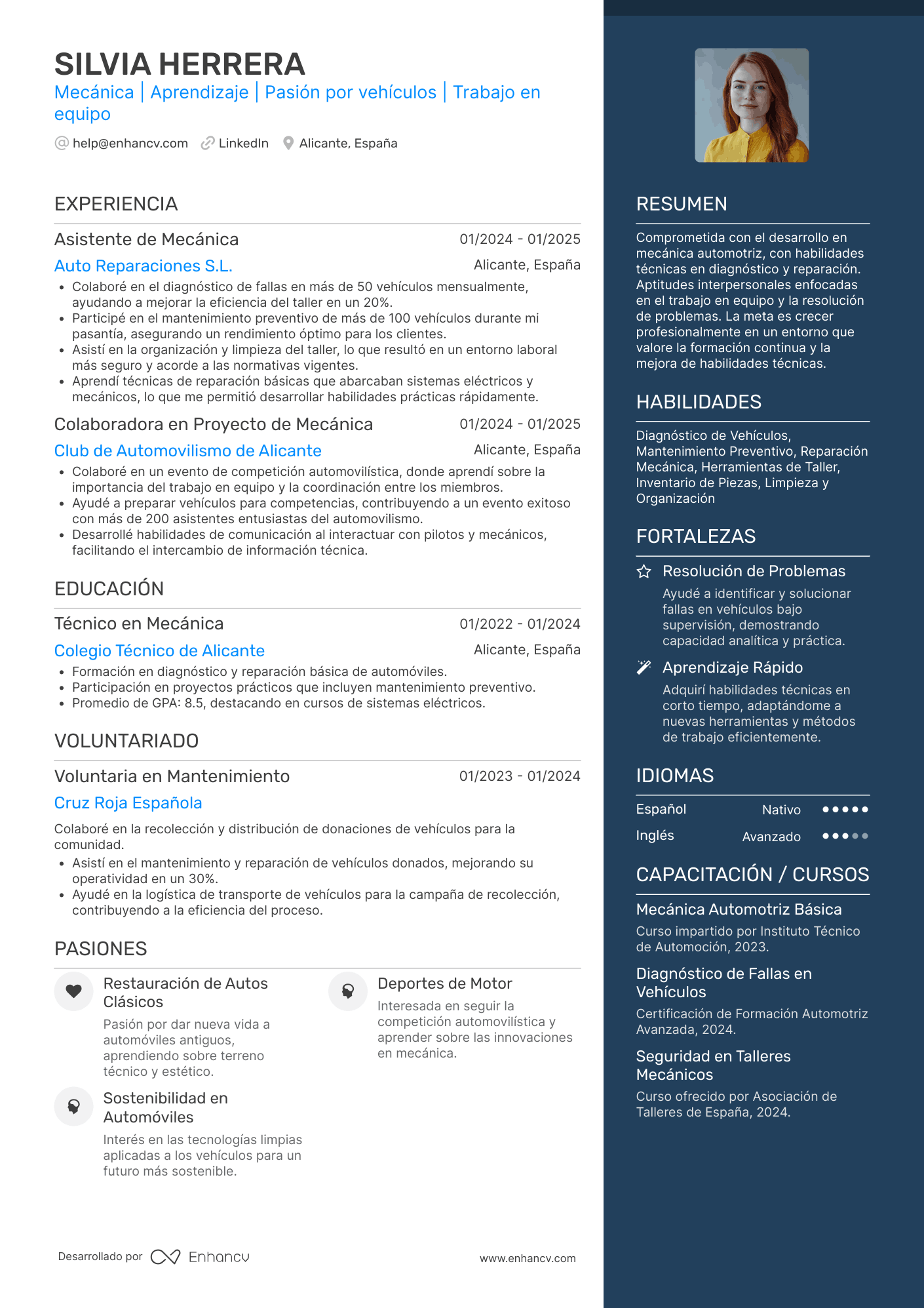 Mecánica | Aprendizaje | Pasión por vehículos | Trabajo en equipo Ejemplo de CV