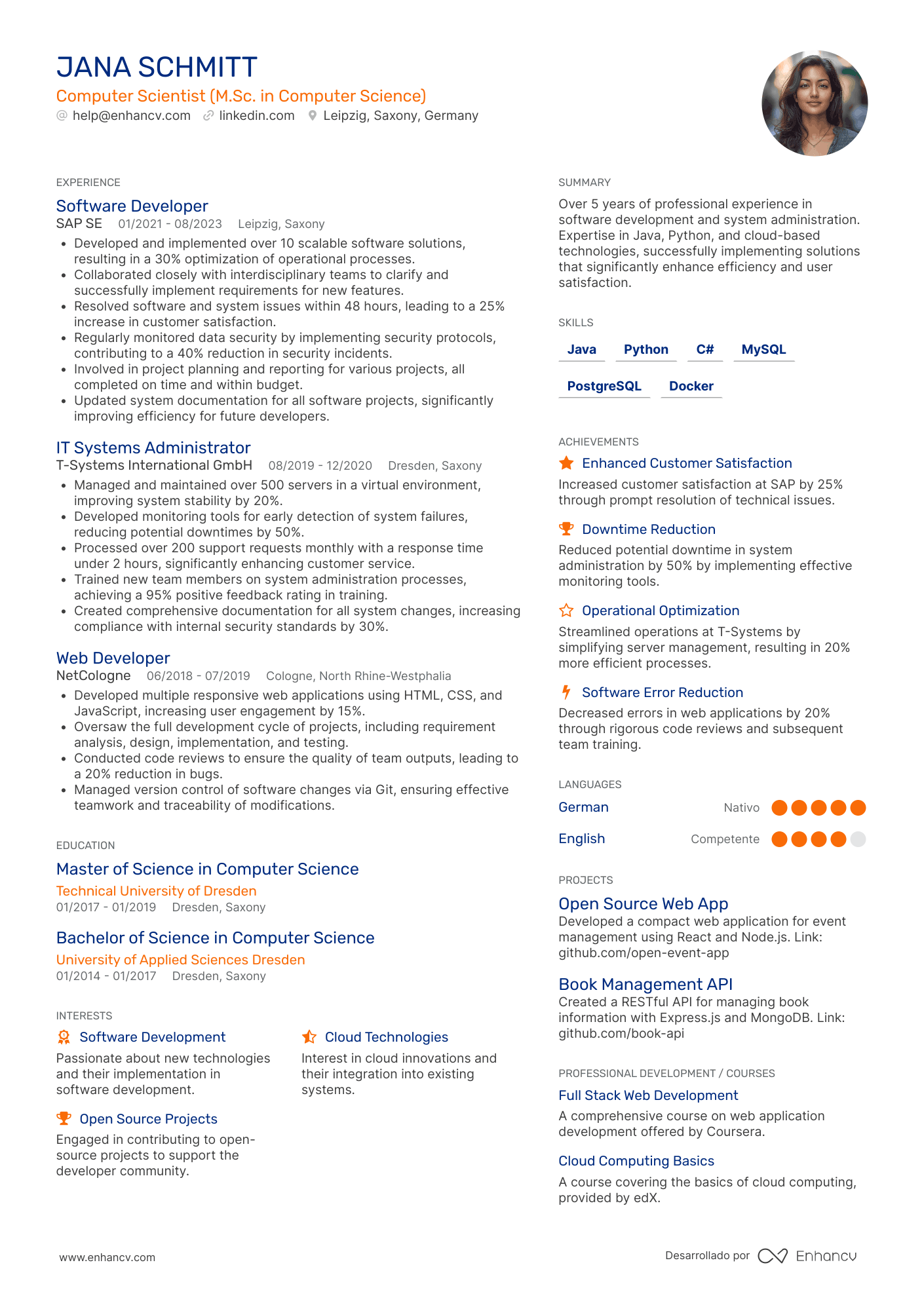 Computer Scientist (M.Sc. in Computer Science) Lebenslauf Beispiel