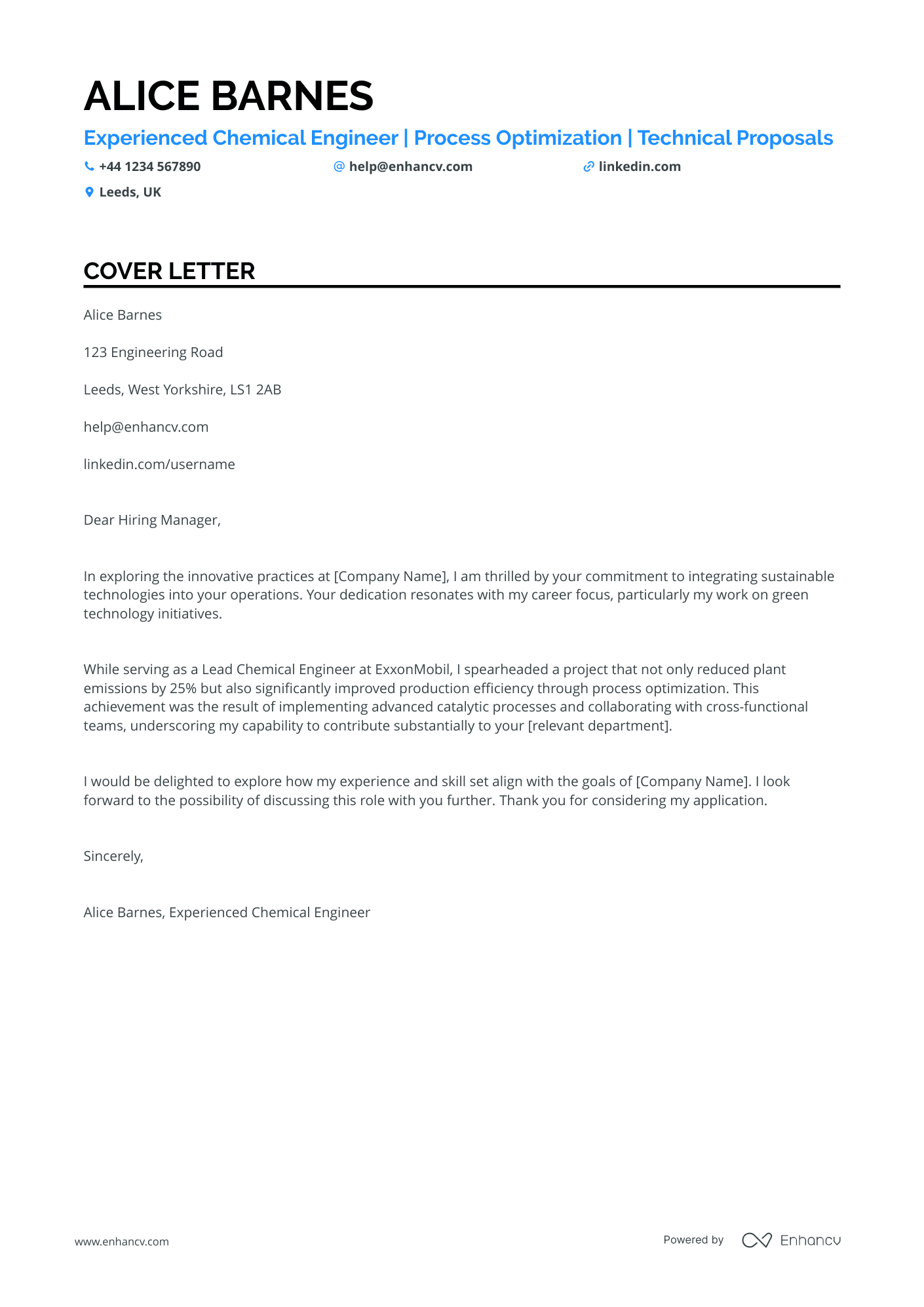 Chemical Engineer cover letter example
