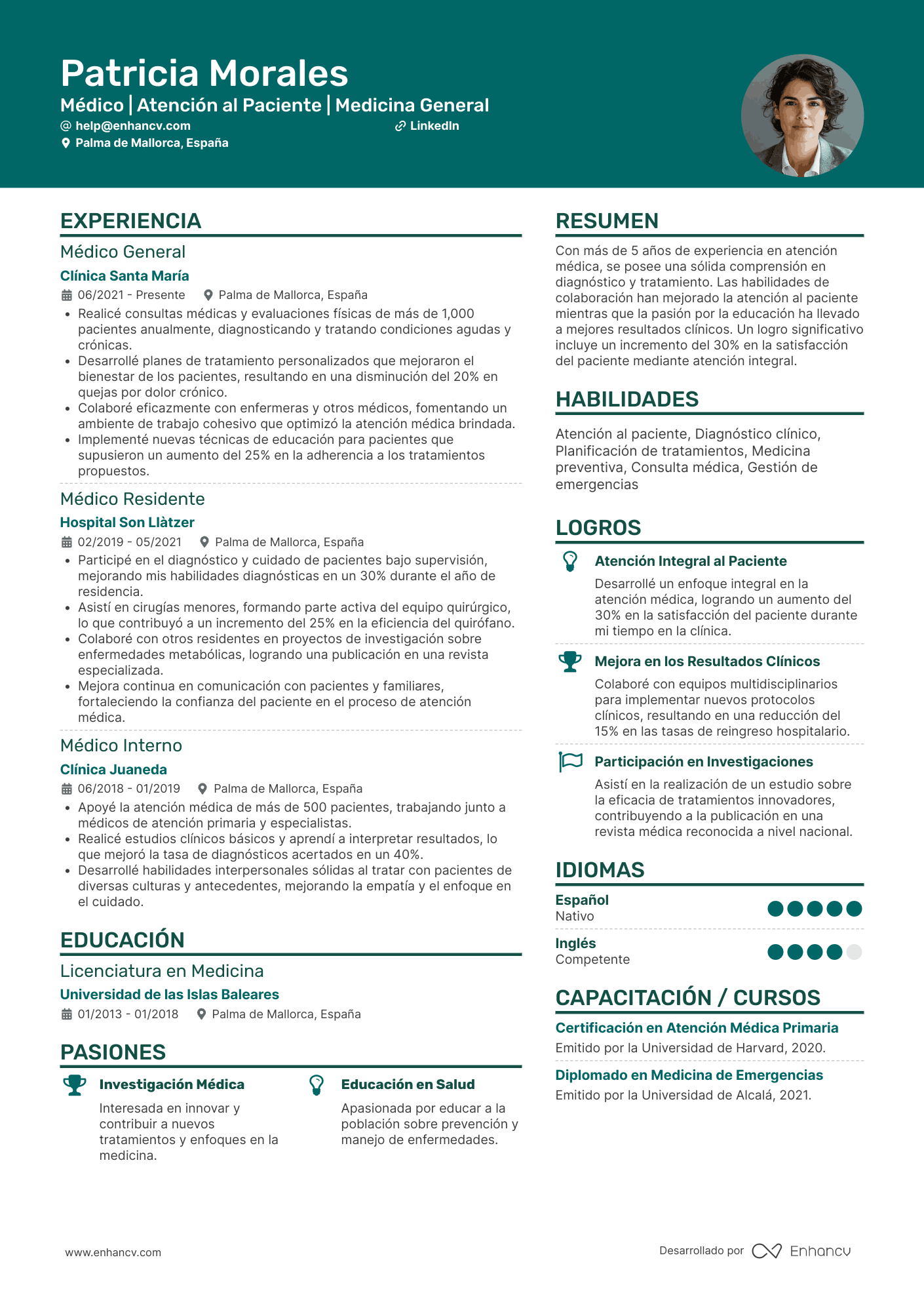 Médico | Atención al Paciente | Medicina General Ejemplo de CV