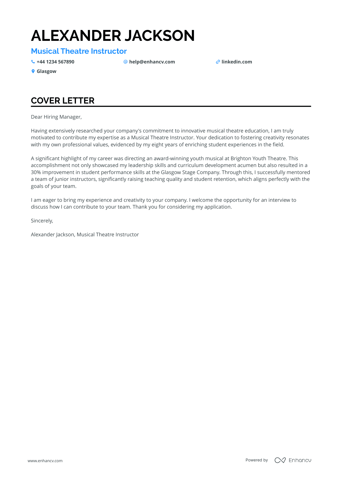 Musical Theatre cover letter example