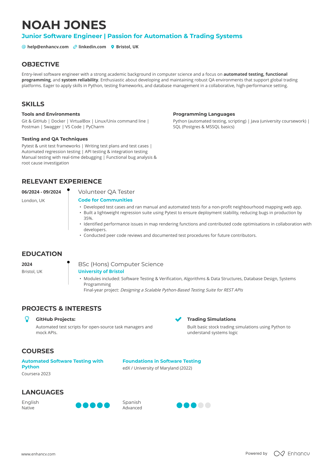 Junior Software Engineer | Passion for Automation &amp; Trading Systems resume example