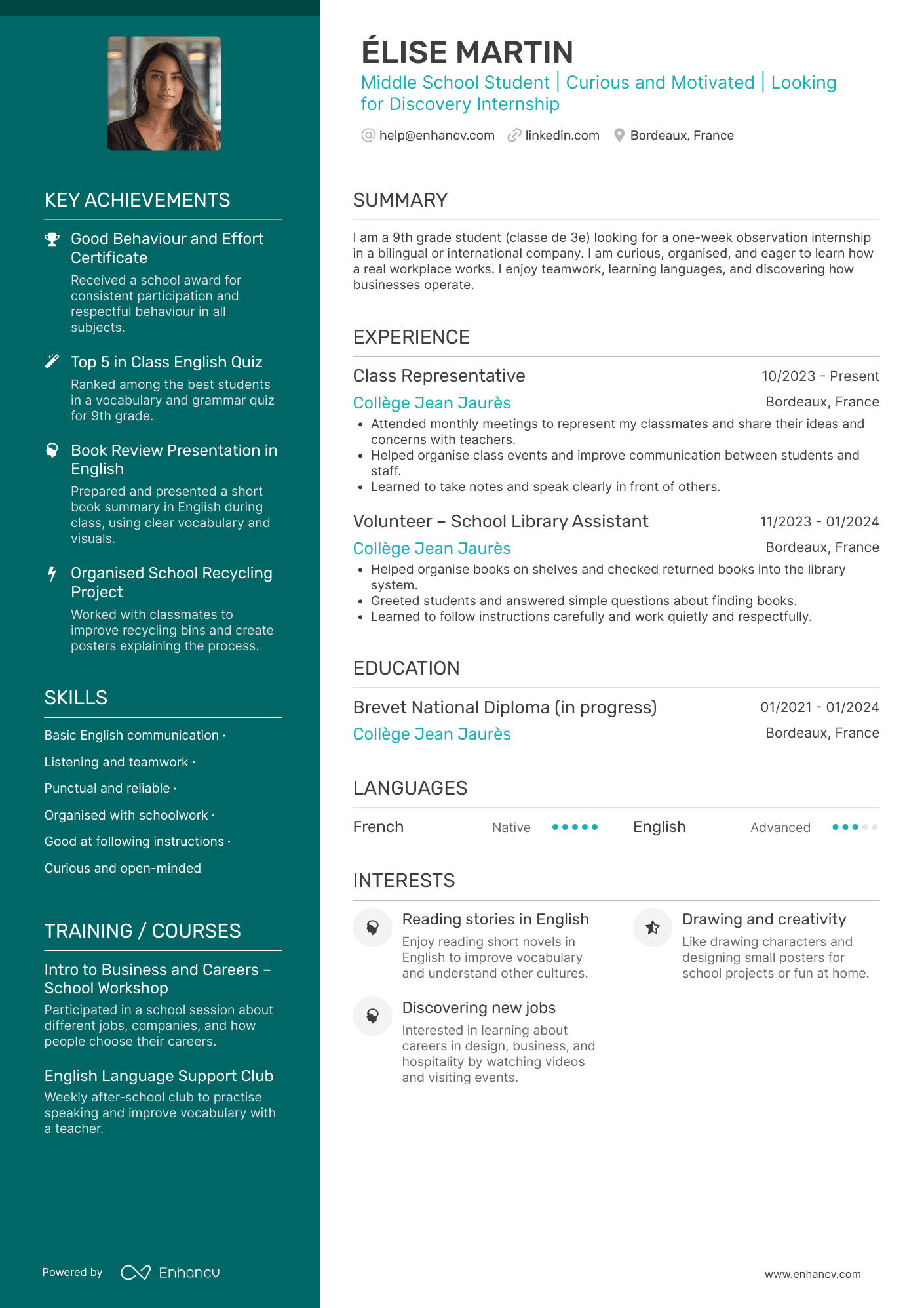 Middle School Student | Curious and Motivated | Looking for Discovery Internship resume example