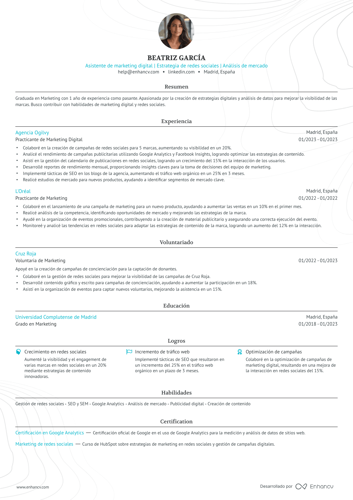 Asistente de marketing digital | Estrategia de redes sociales | Análisis de mercado resume example