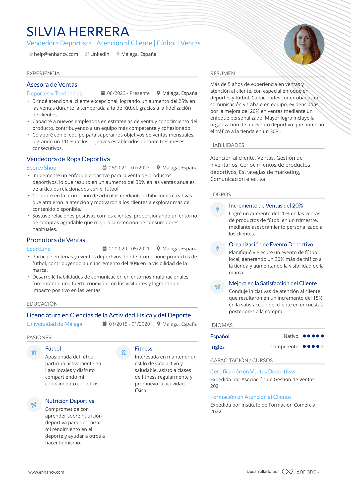 Vendedora Deportista | Atención al Cliente | Fútbol | Ventas Ejemplo de CV