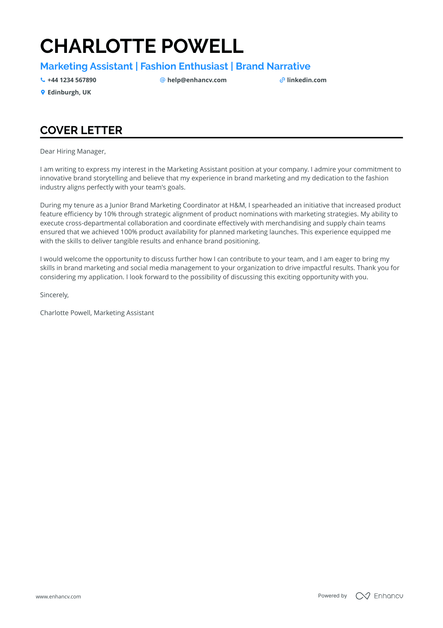 Marketing Assistant cover letter example