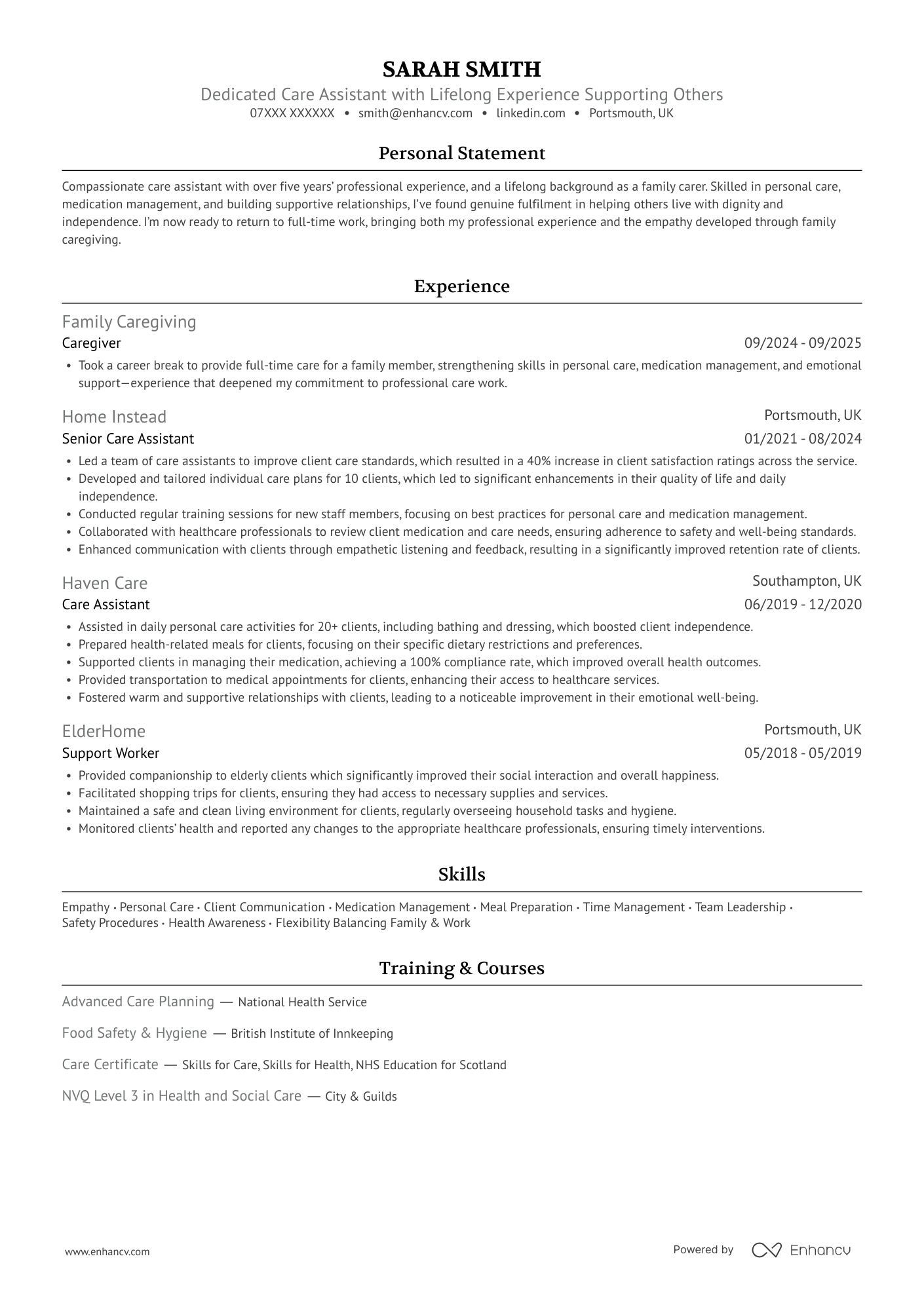 Dedicated Care Assistant with Lifelong Experience Supporting Others CV Example