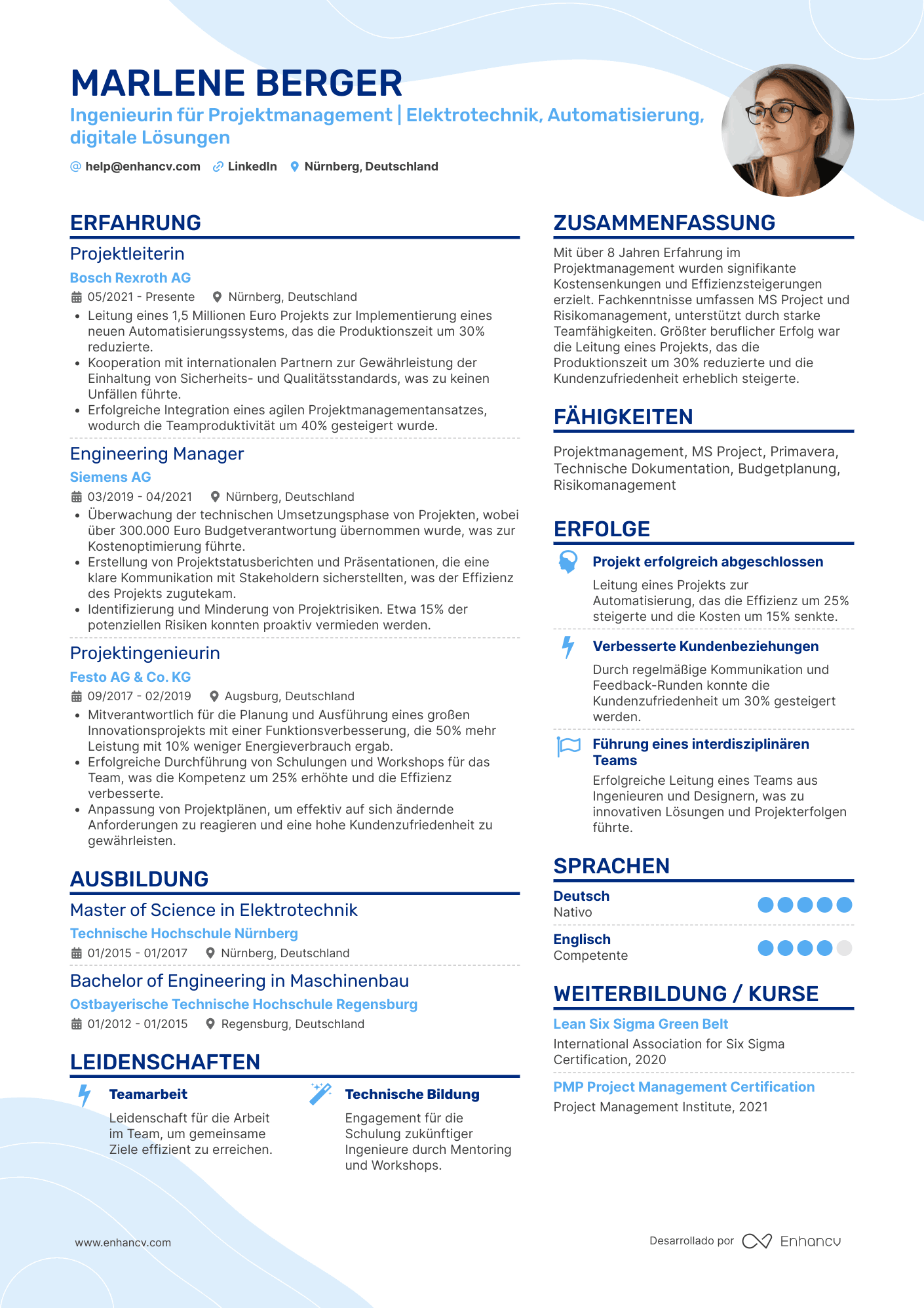 Ingenieurin für Projektmanagement | Elektrotechnik, Automatisierung, digitale Lösungen Lebenslauf Beispiel