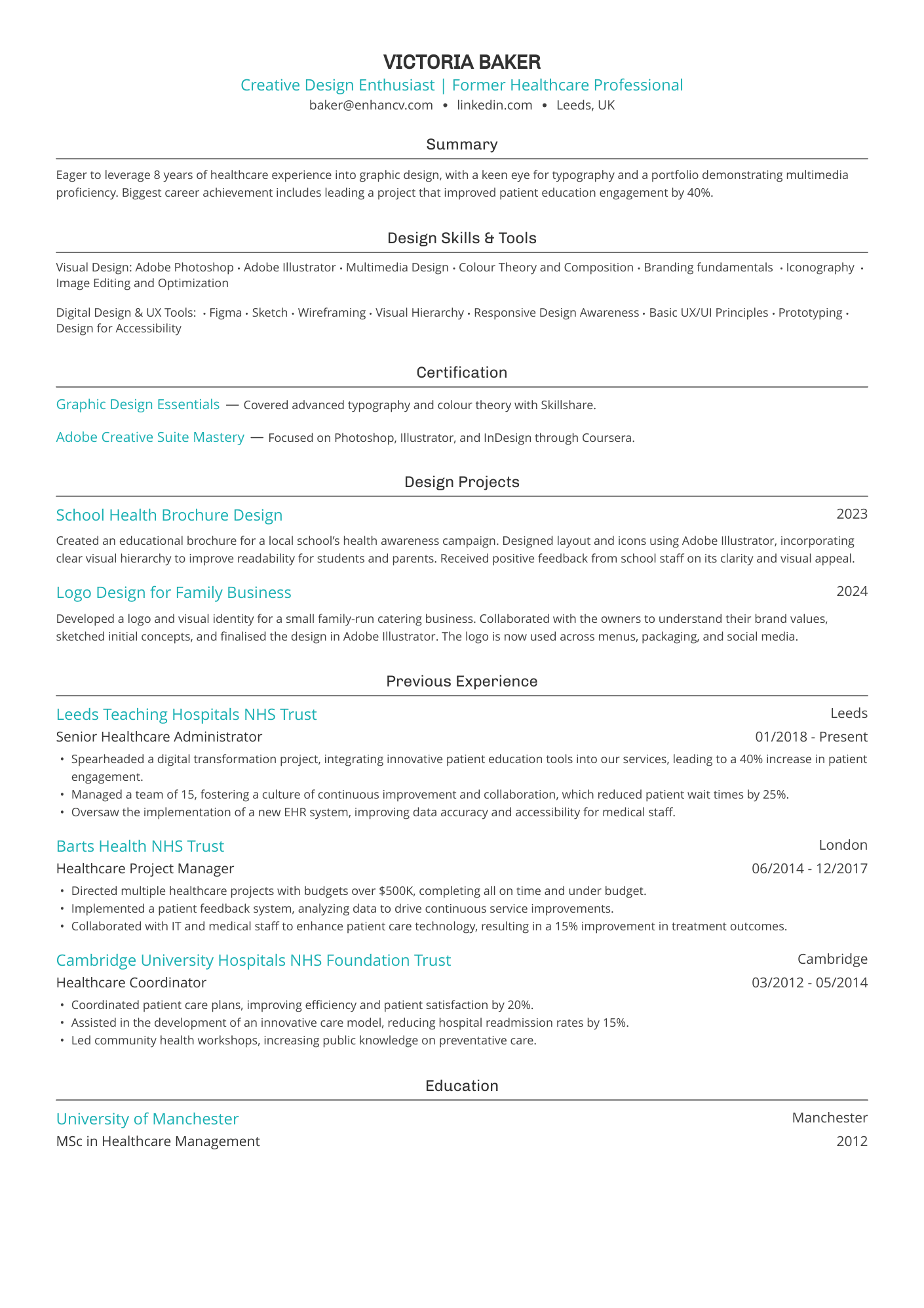 Creative Design Enthusiast | Former Healthcare Professional CV Example