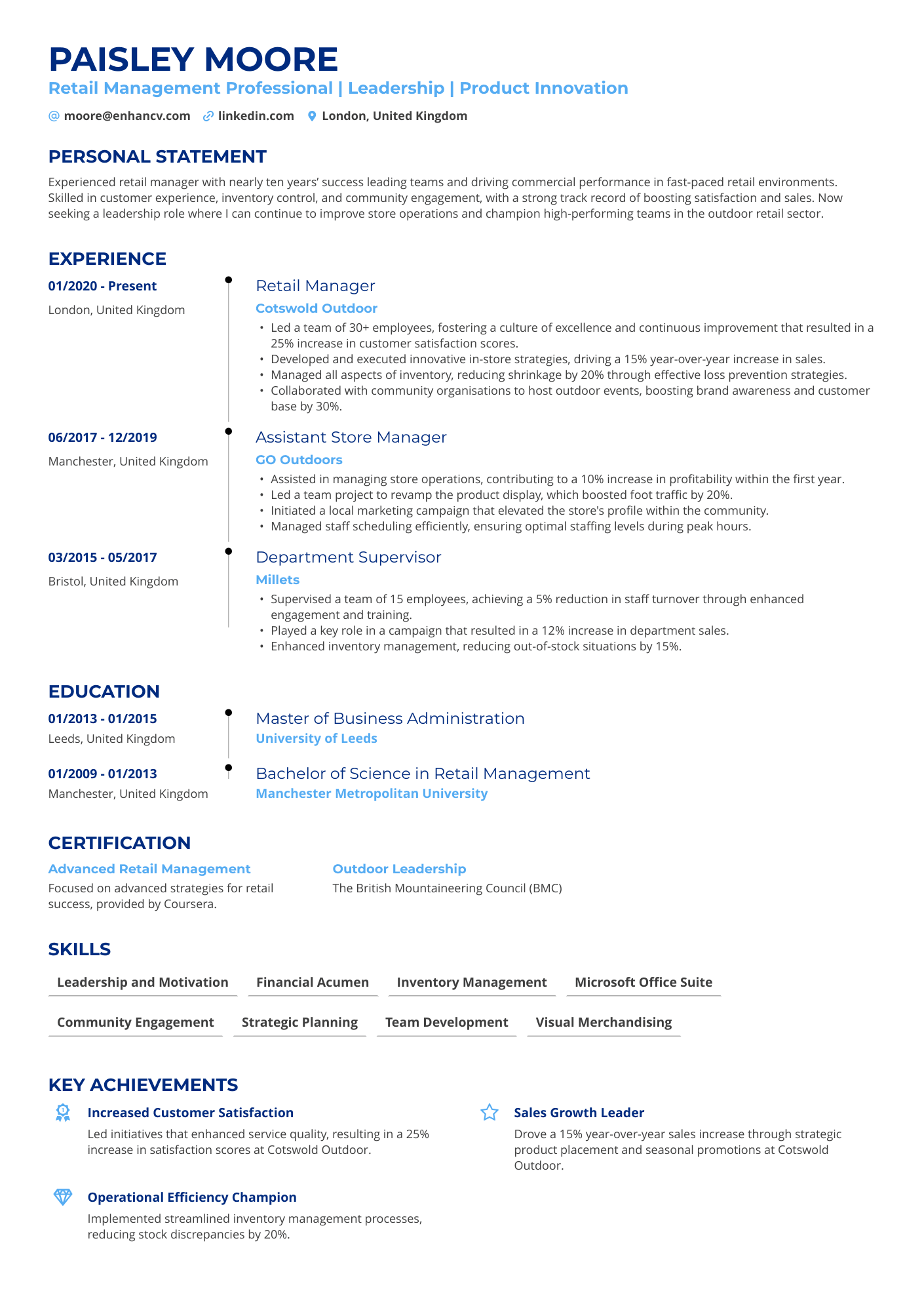 Retail Management Professional | Leadership | Product Innovation resume example