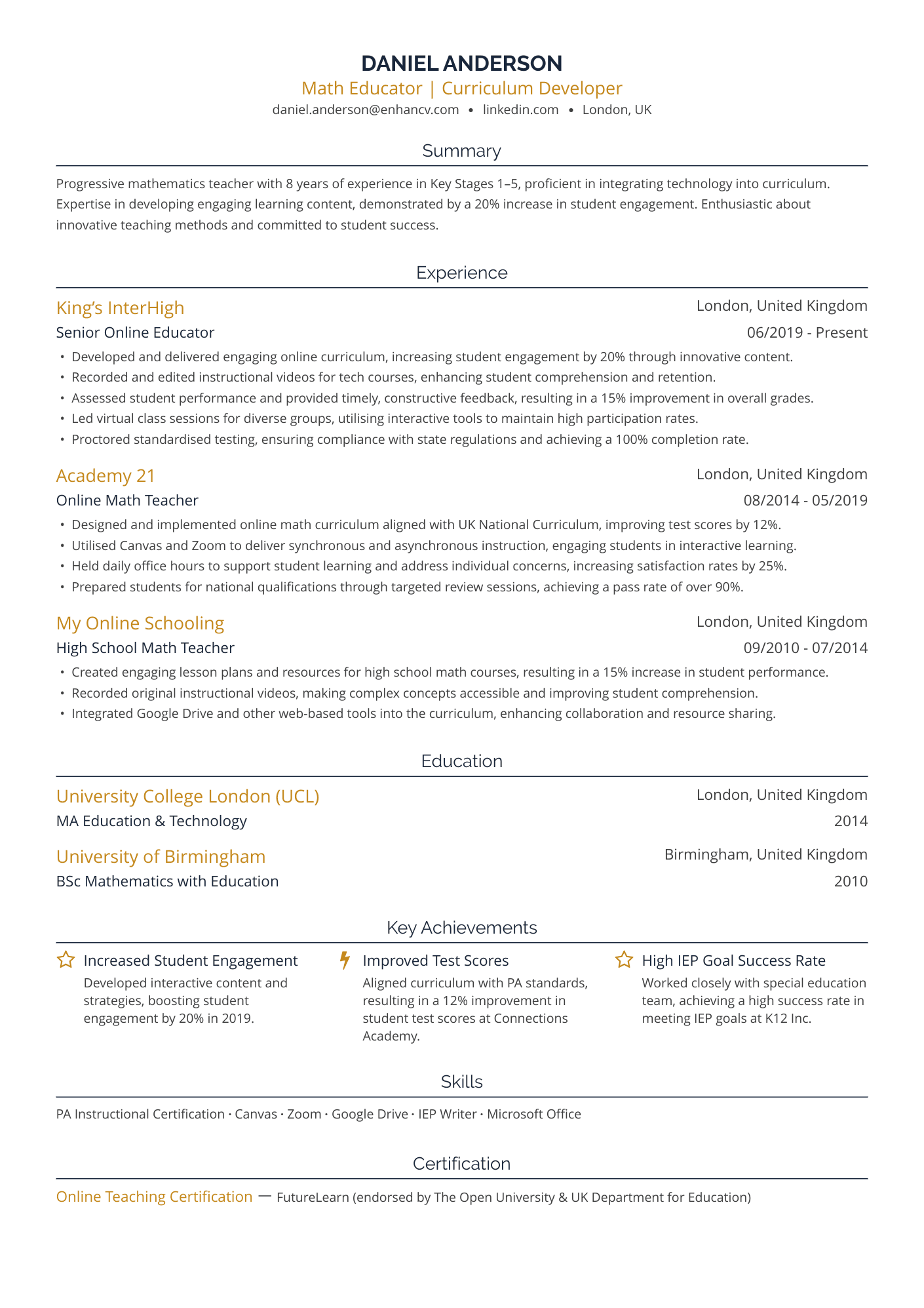 Math Educator | Curriculum Developer resume example