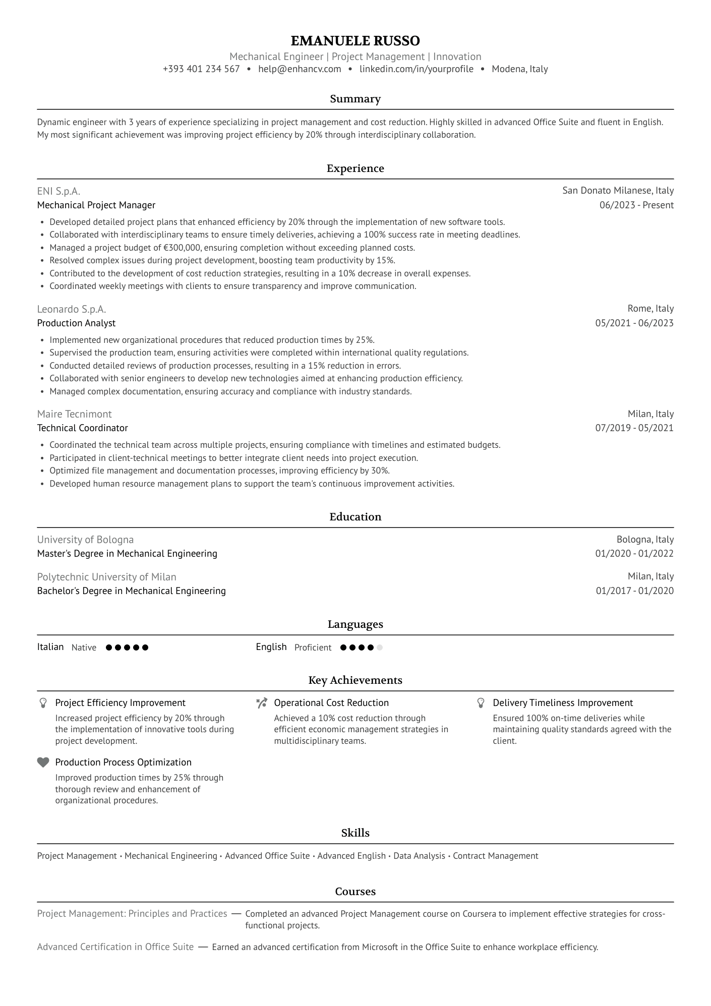 Ingegnere Meccanico | Gestione Progetti | Innovazione resume example