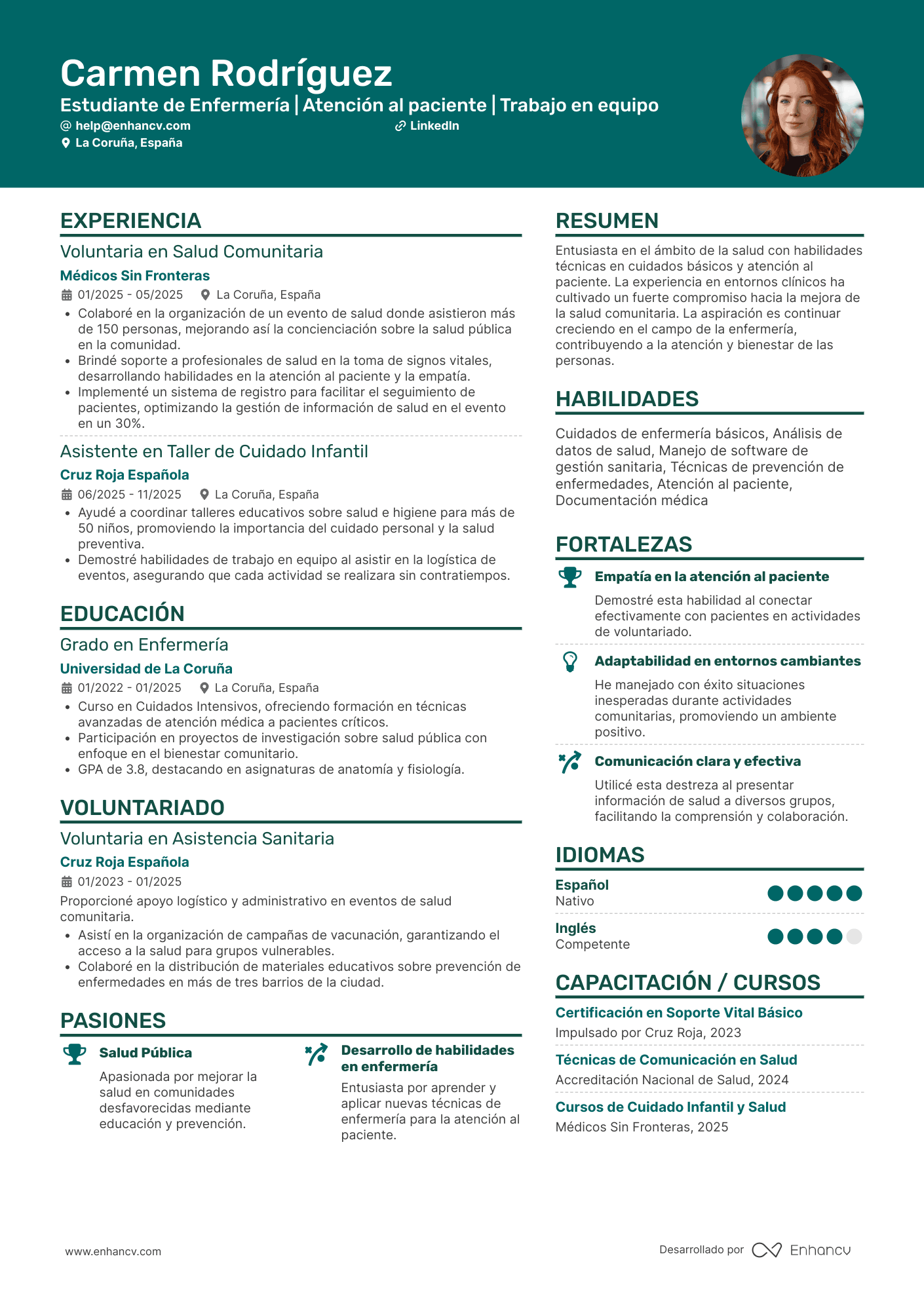 Estudiante de Enfermería | Atención al paciente | Trabajo en equipo Ejemplo de CV