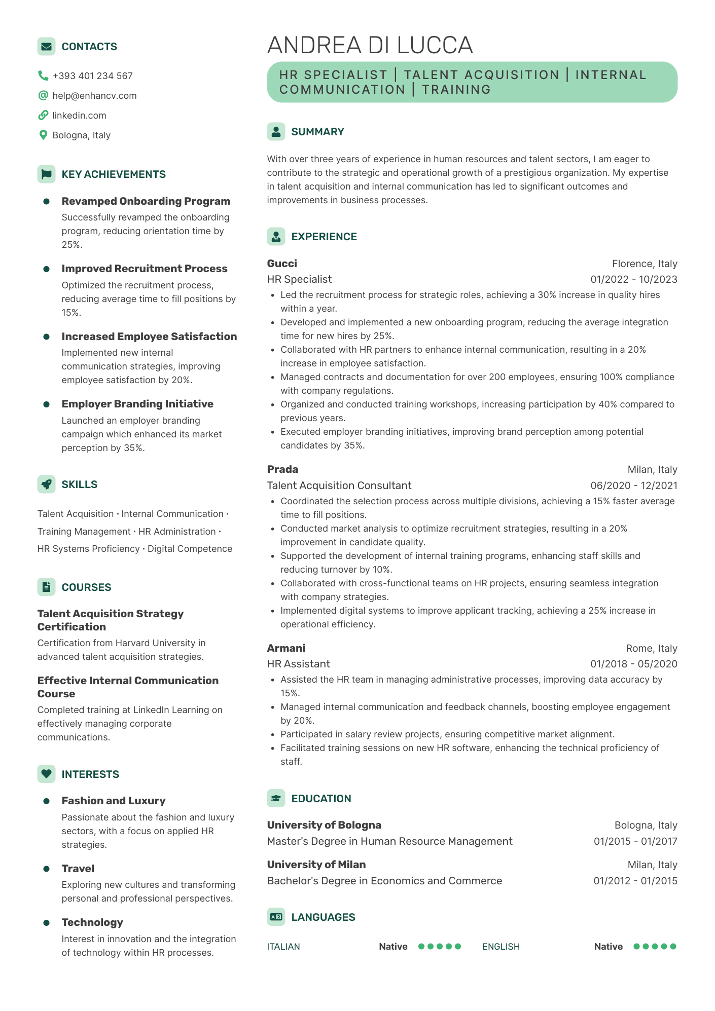 HR Specialist | Talent Acquisition | Internal Communication | Training resume example