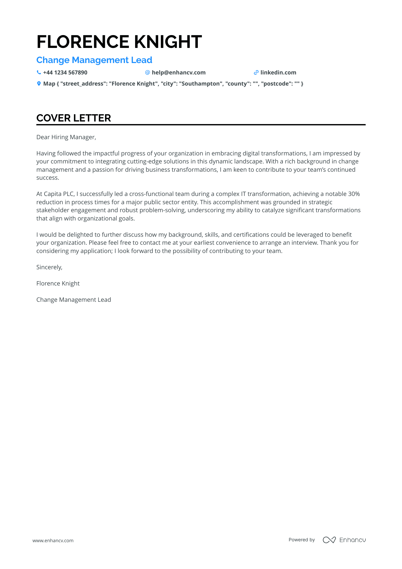 Management consultant cover letter example