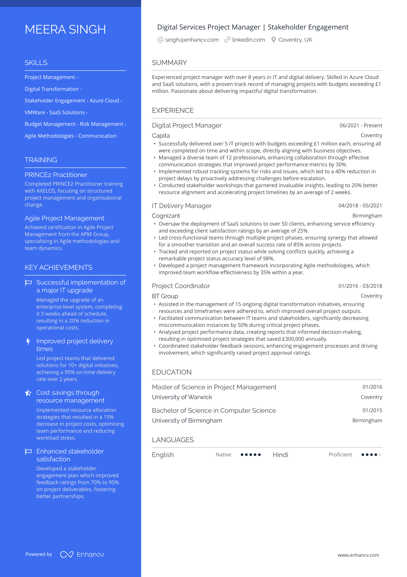 Digital Services Project Manager | Stakeholder Engagement CV Example