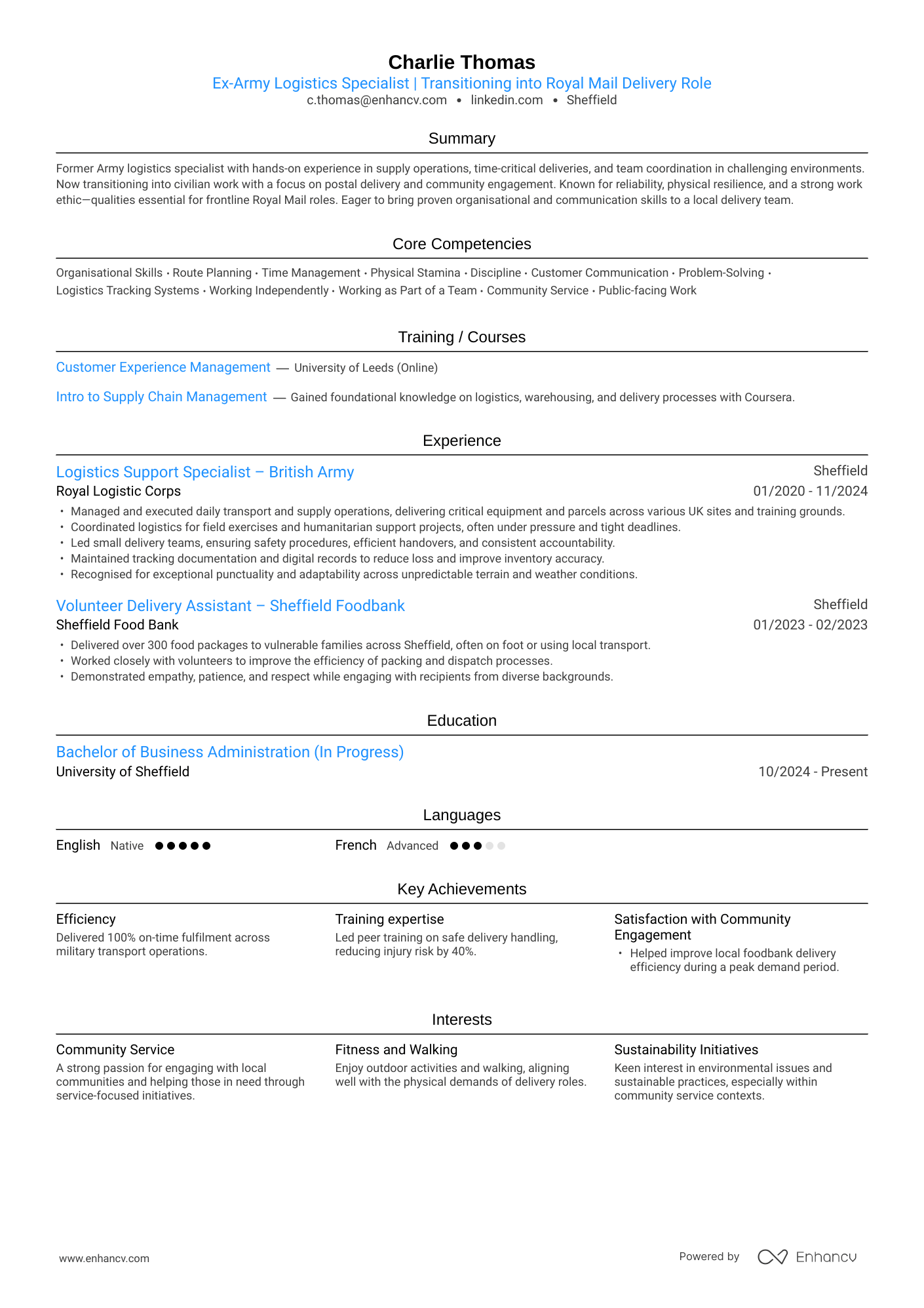 Ex Army Logistics Specialist | Transitioning into Royal Mail Delivery Role resume example