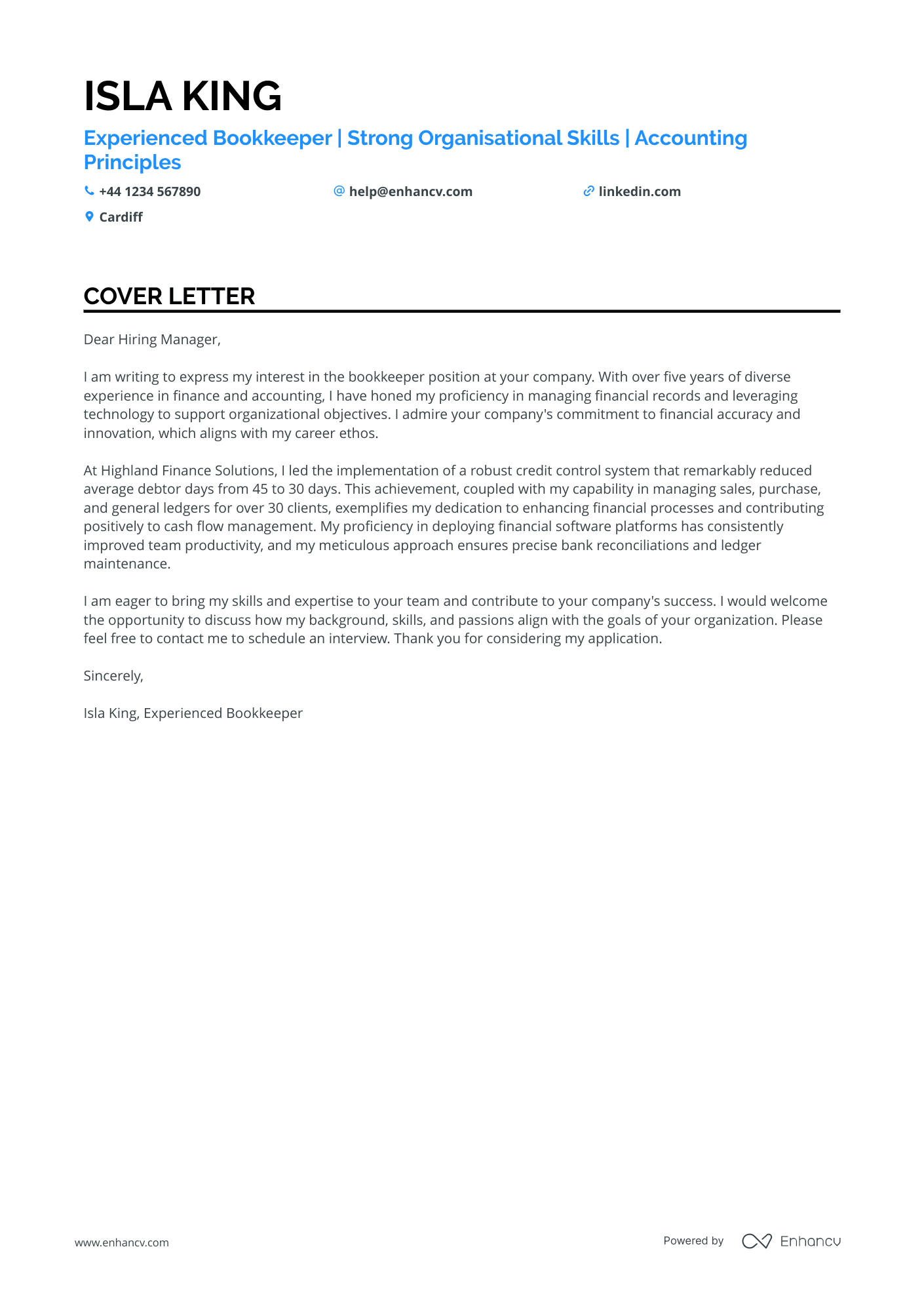Bookkeeper cover letter example
