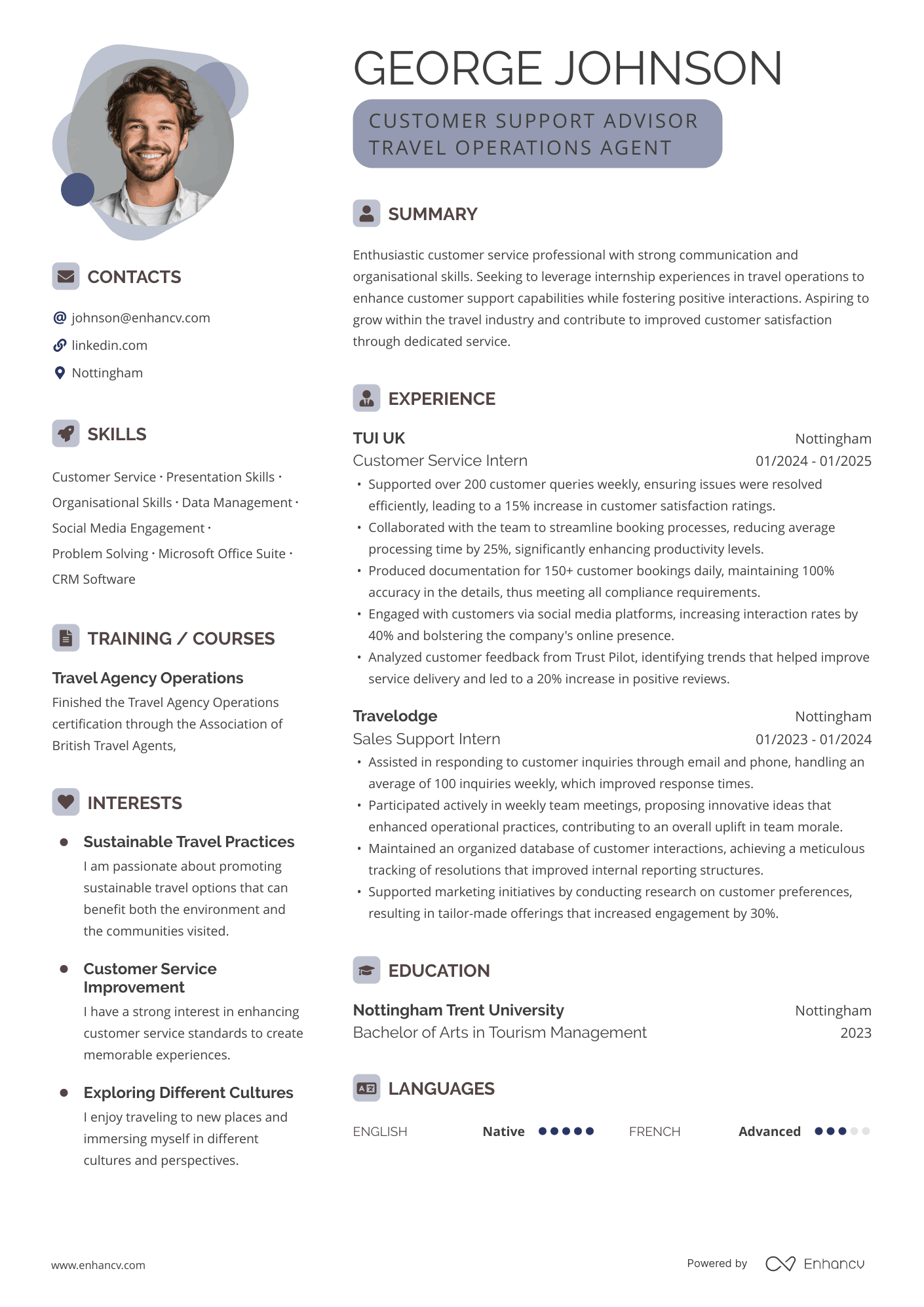 CUSTOMER SUPPORT ADVISOR
TRAVEL OPERATIONS AGENT CV Example