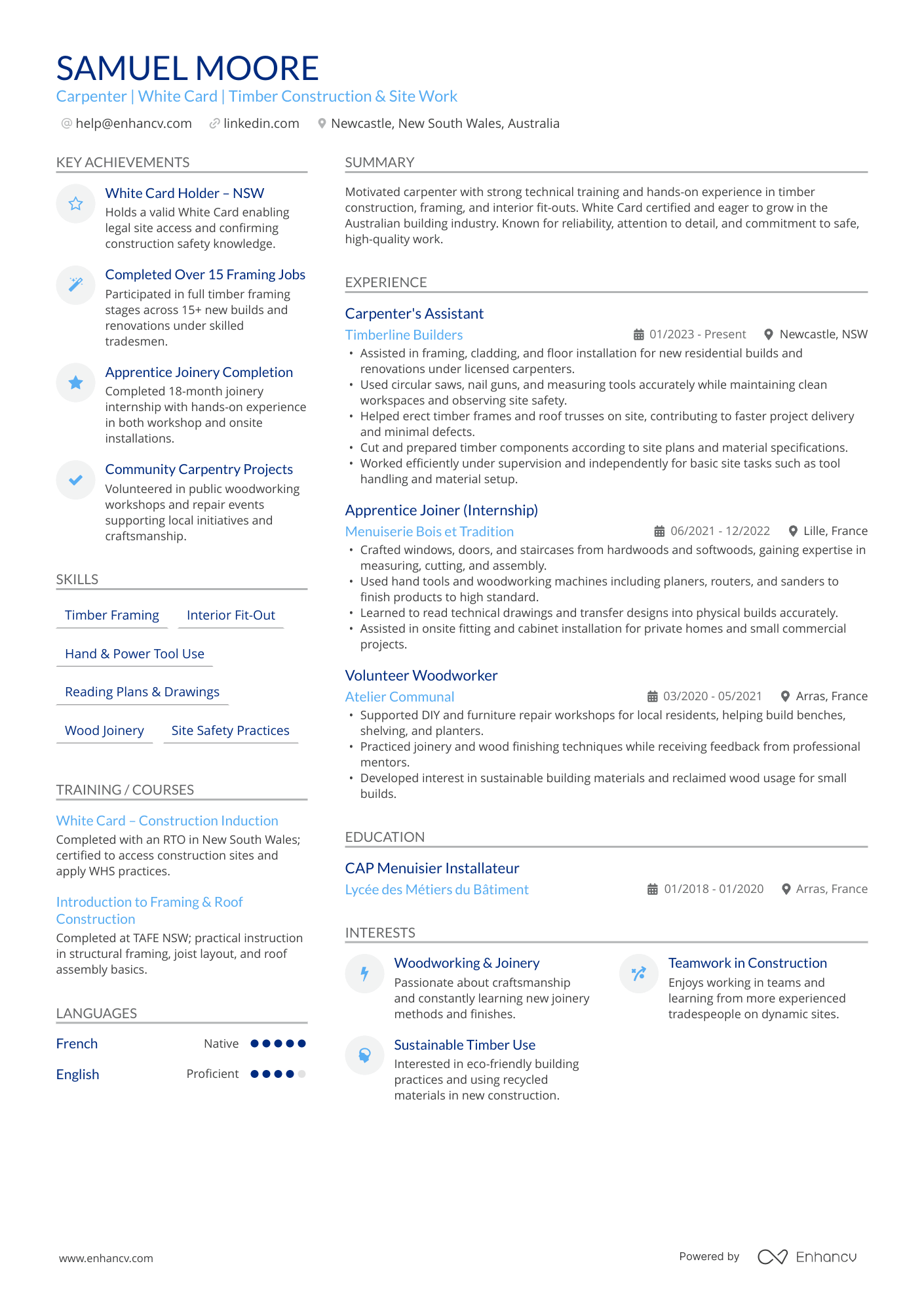 Carpenter | White Card | Timber Construction &amp; Site Work resume example