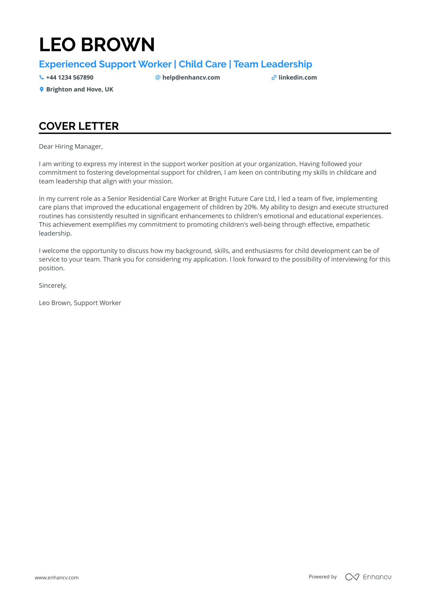 Support worker cover letter example