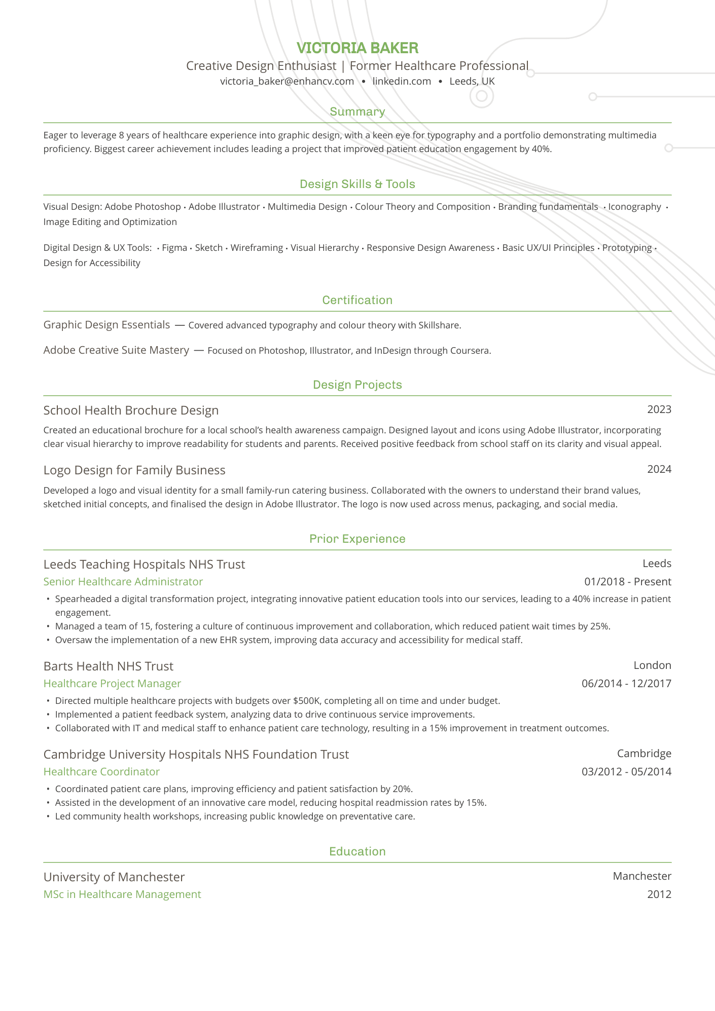Creative Design Enthusiast | Former Healthcare Professional resume example