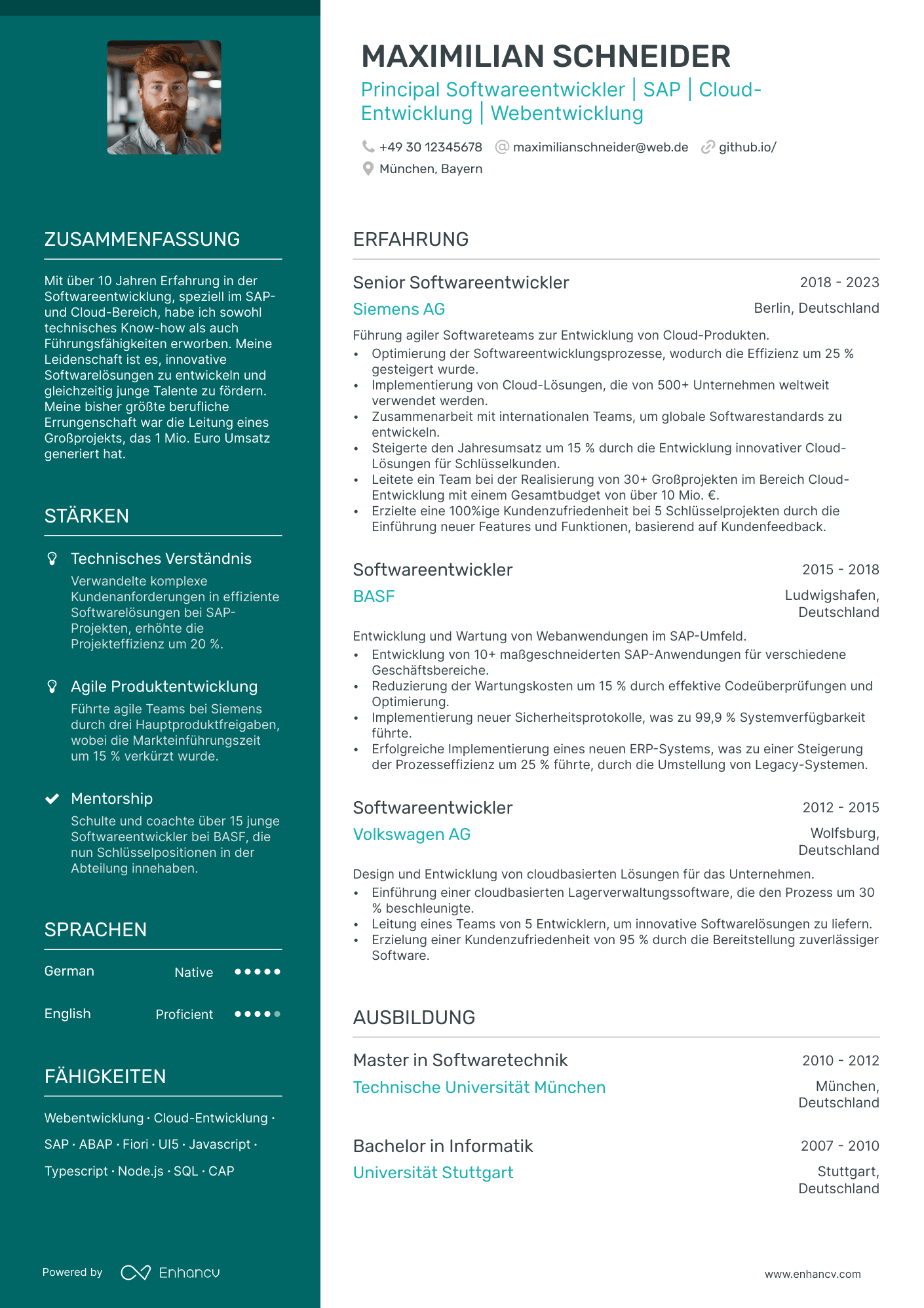Principal Softwareentwickler | SAP | Cloud Entwicklung | Webentwicklung resume example