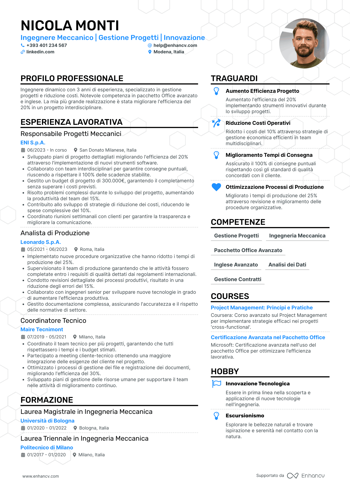 Ingegnere Meccanico | Gestione Progetti | Innovazione resume example