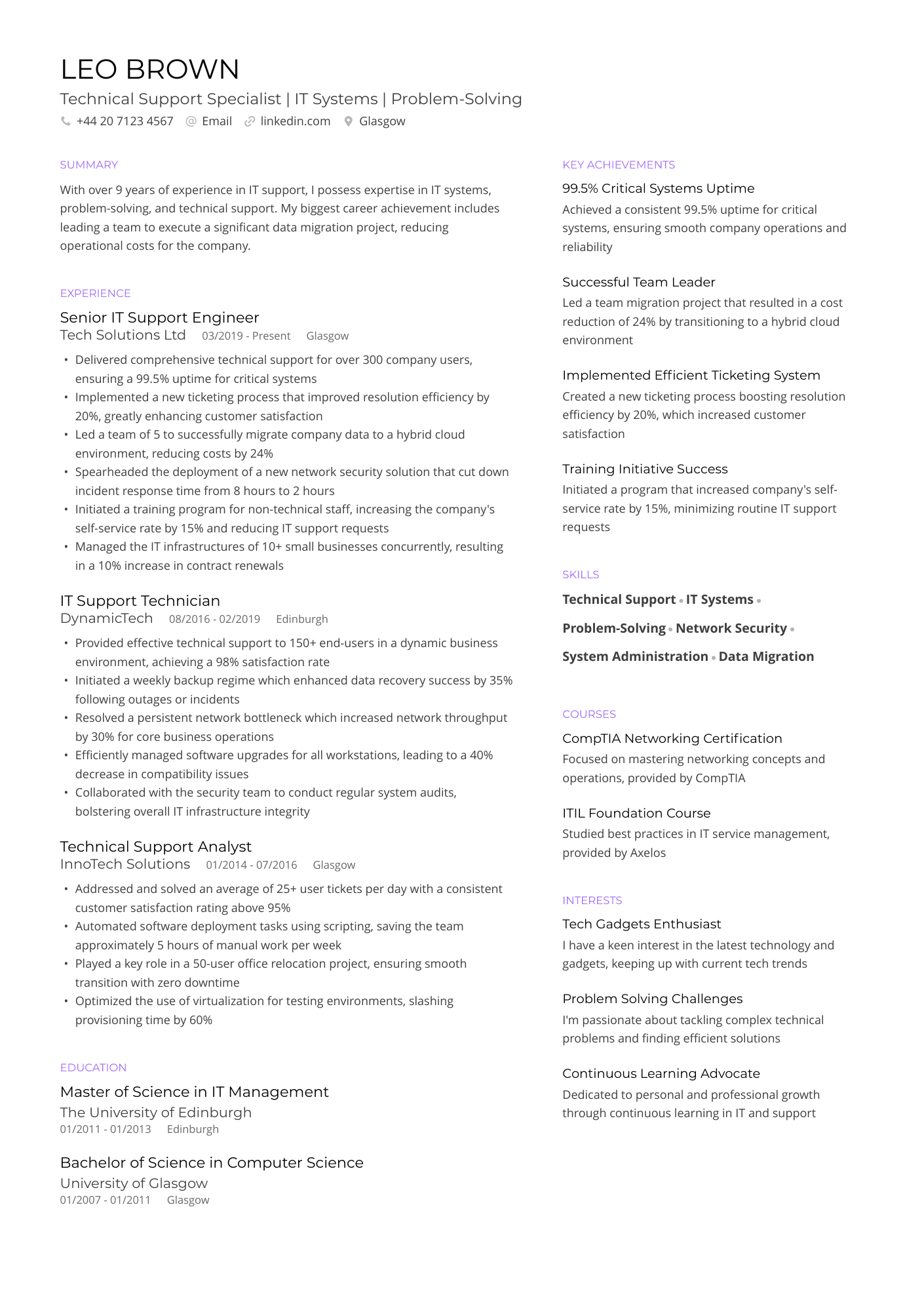 Technical Support Specialist | IT Systems | Problem Solving resume example