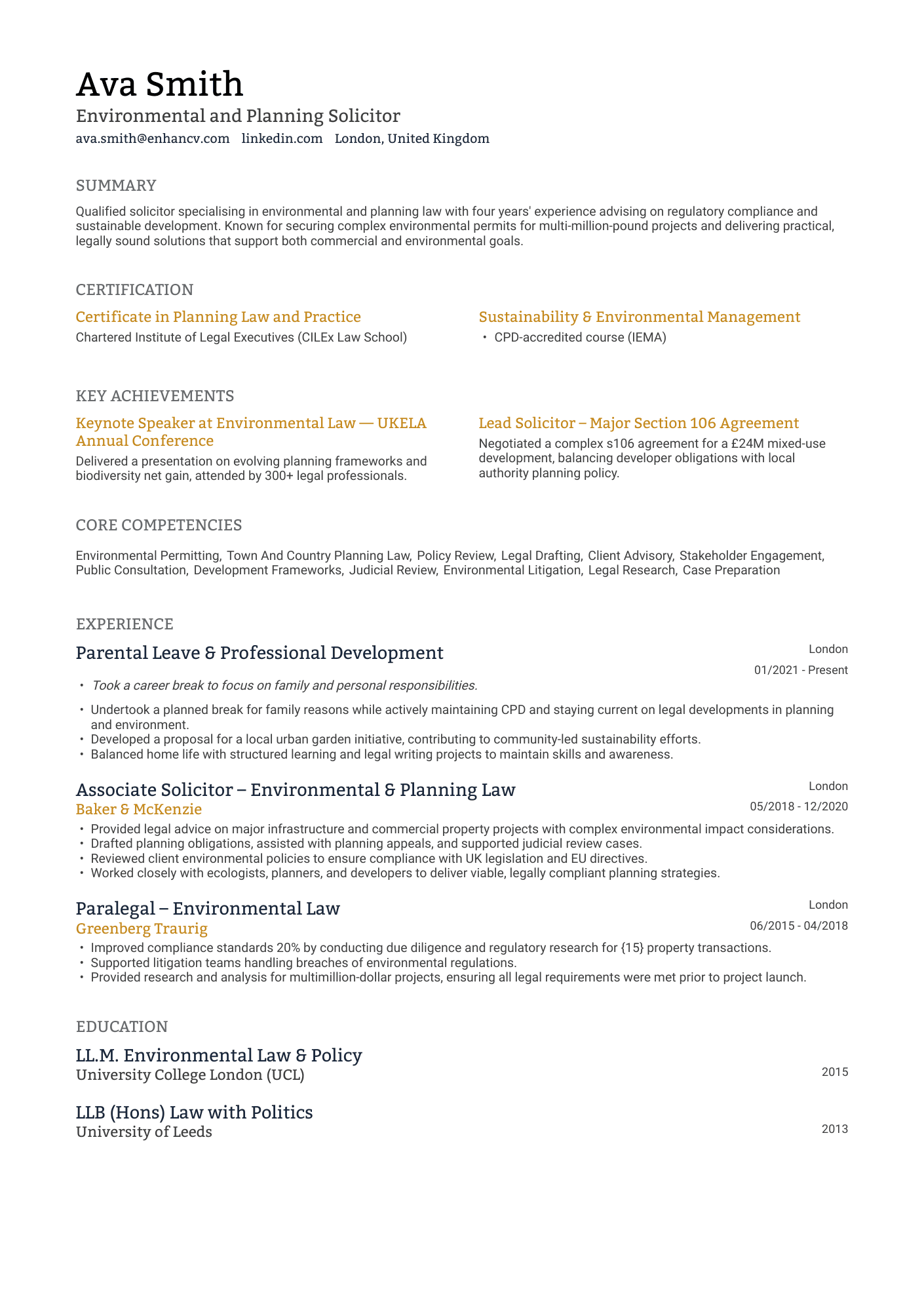 Environmental and Planning Solicitor resume example