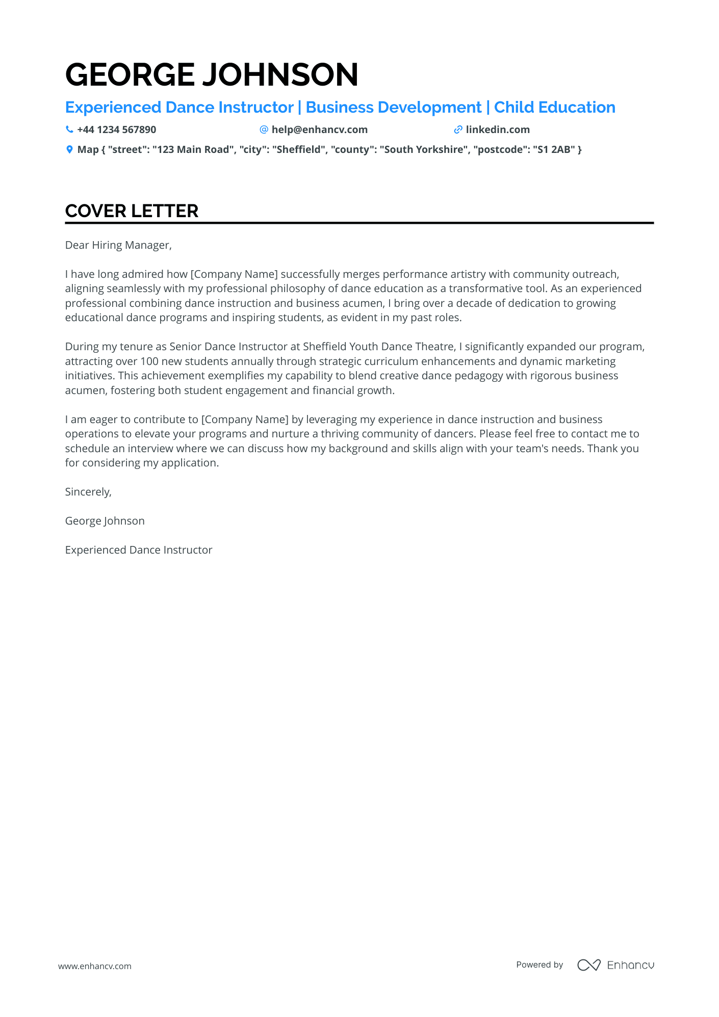 Dance cover letter example