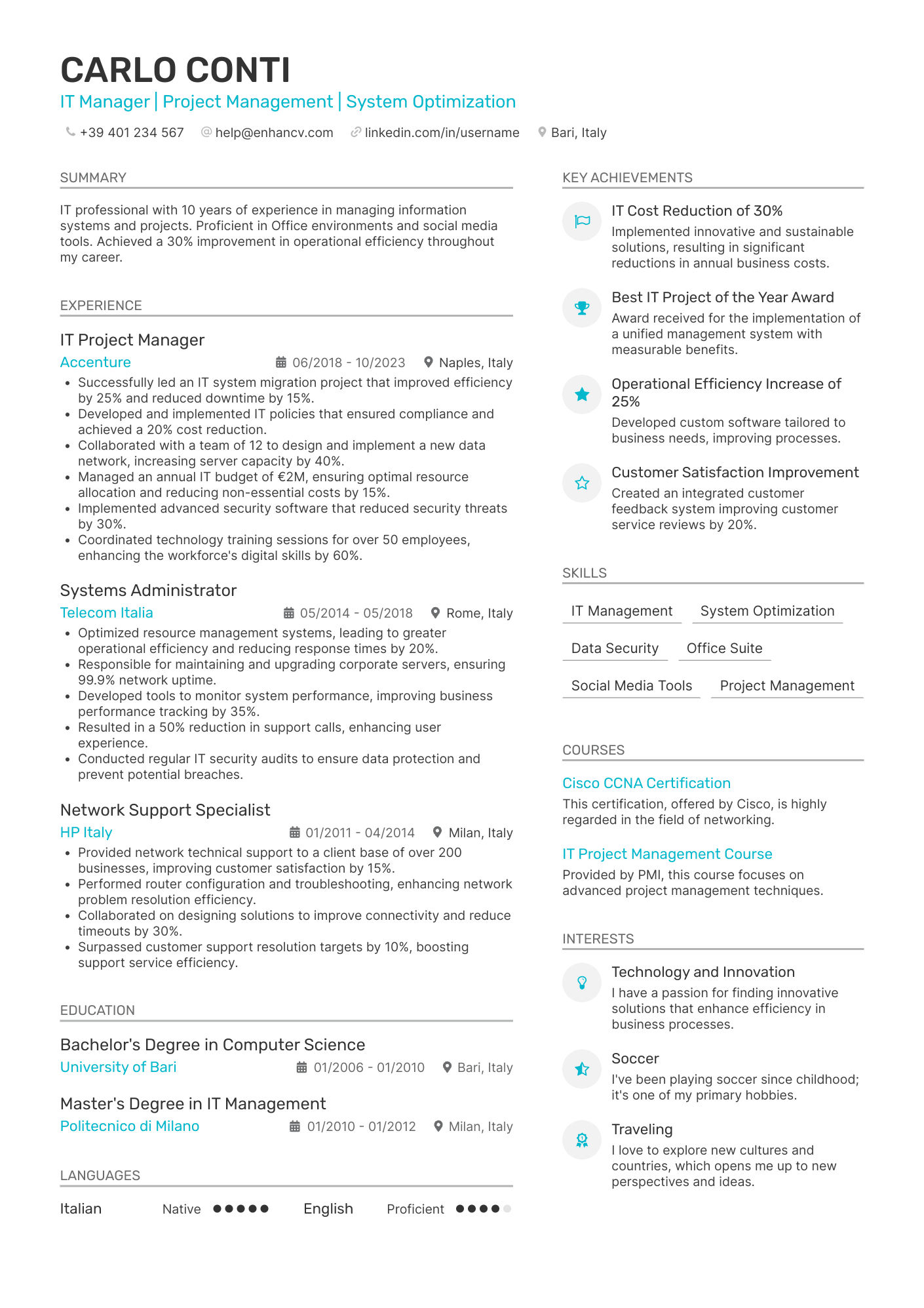 IT Manager | Gestione Progetti | Ottimizzazione Sistemi resume example