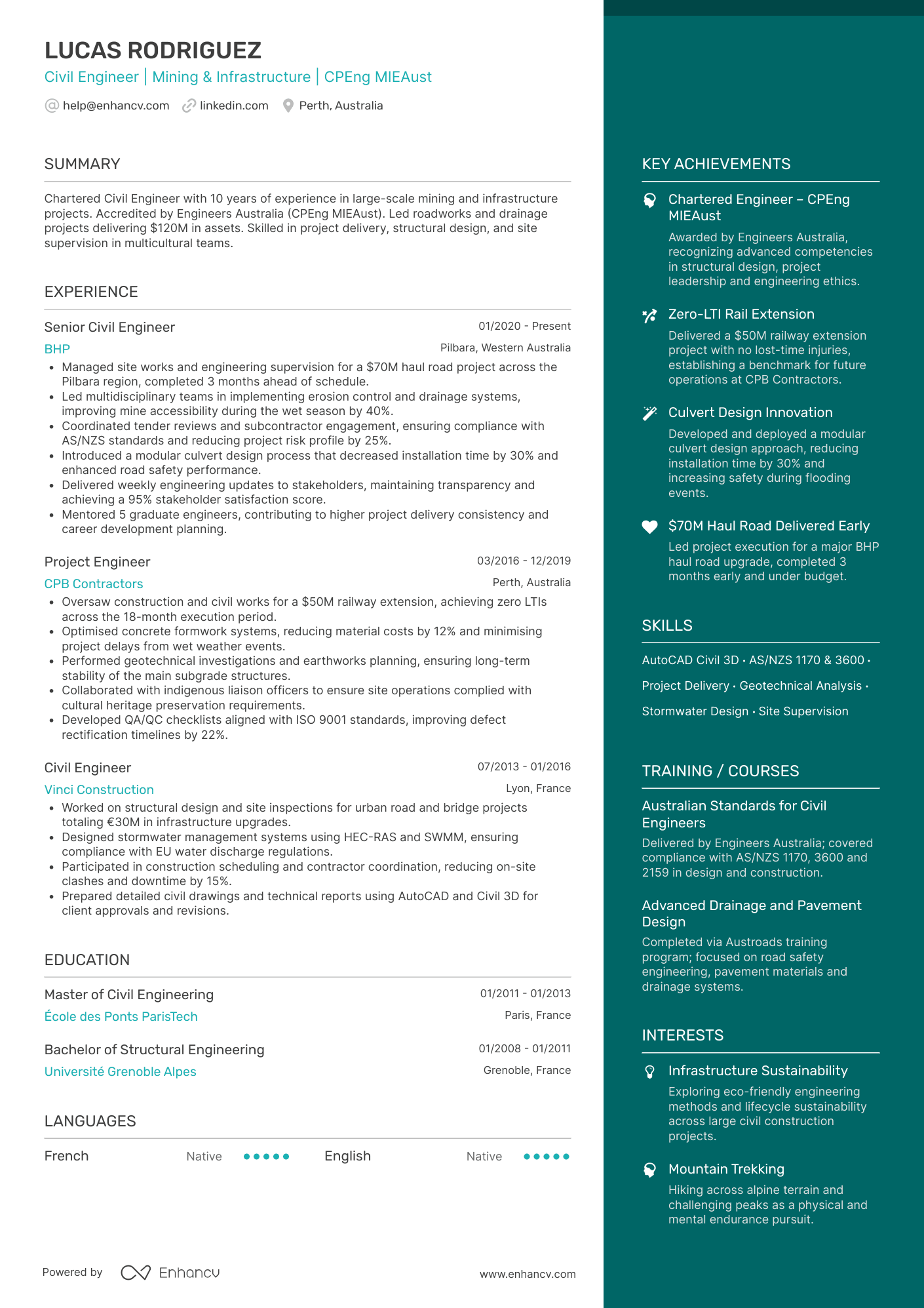 Civil Engineer | Mining &amp; Infrastructure | CPEng MIEAust resume example