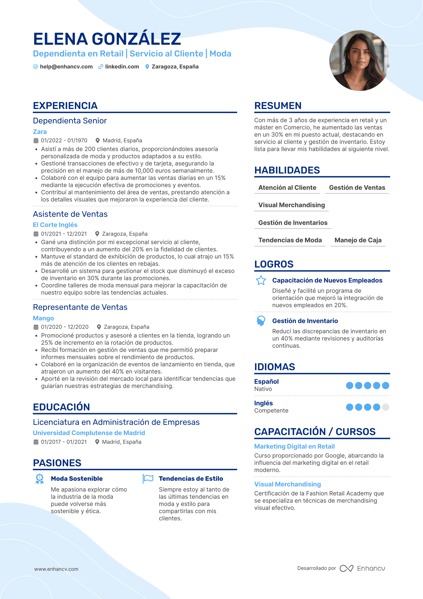 Dependienta en Retail | Servicio al Cliente | Moda Ejemplo de CV