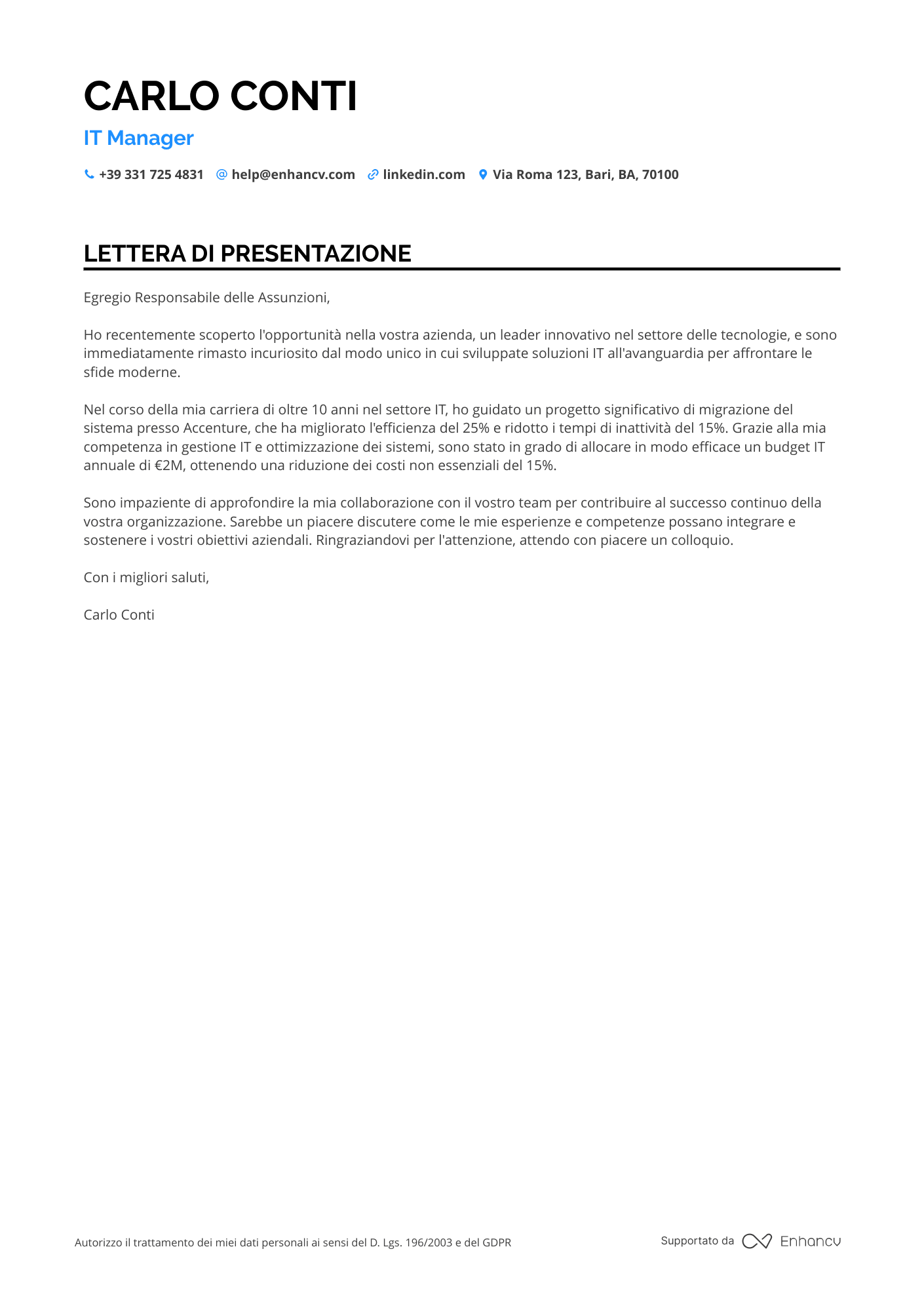 Informatico Lettera di presentazione