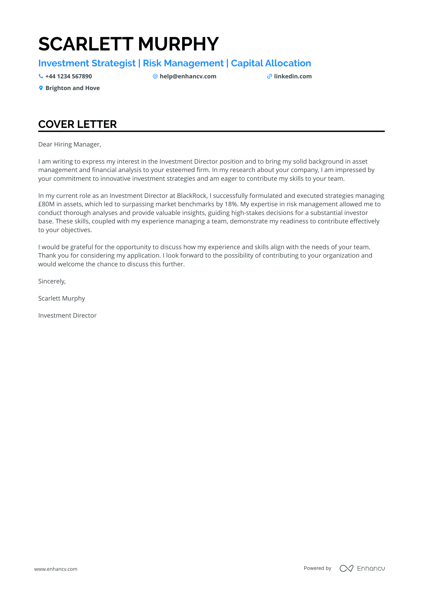 Investment Manager cover letter