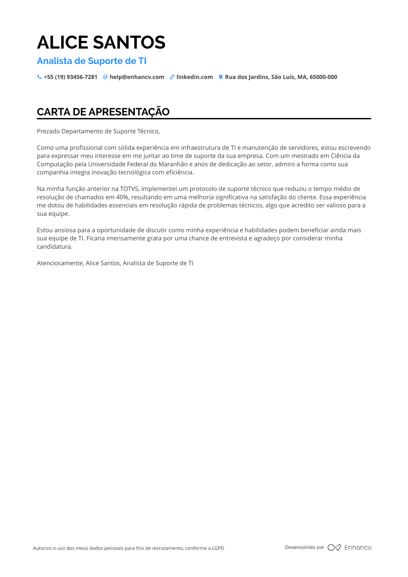 Suporte de TI Carta de apresentação