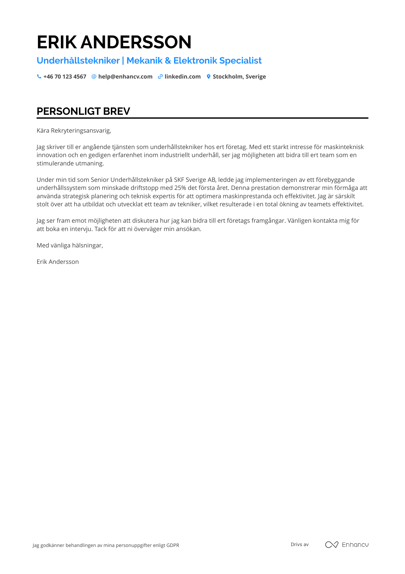 Underhållstekniker Ansökningsbrev