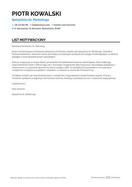 Specjalista ds. Marketingu List motywacyjny