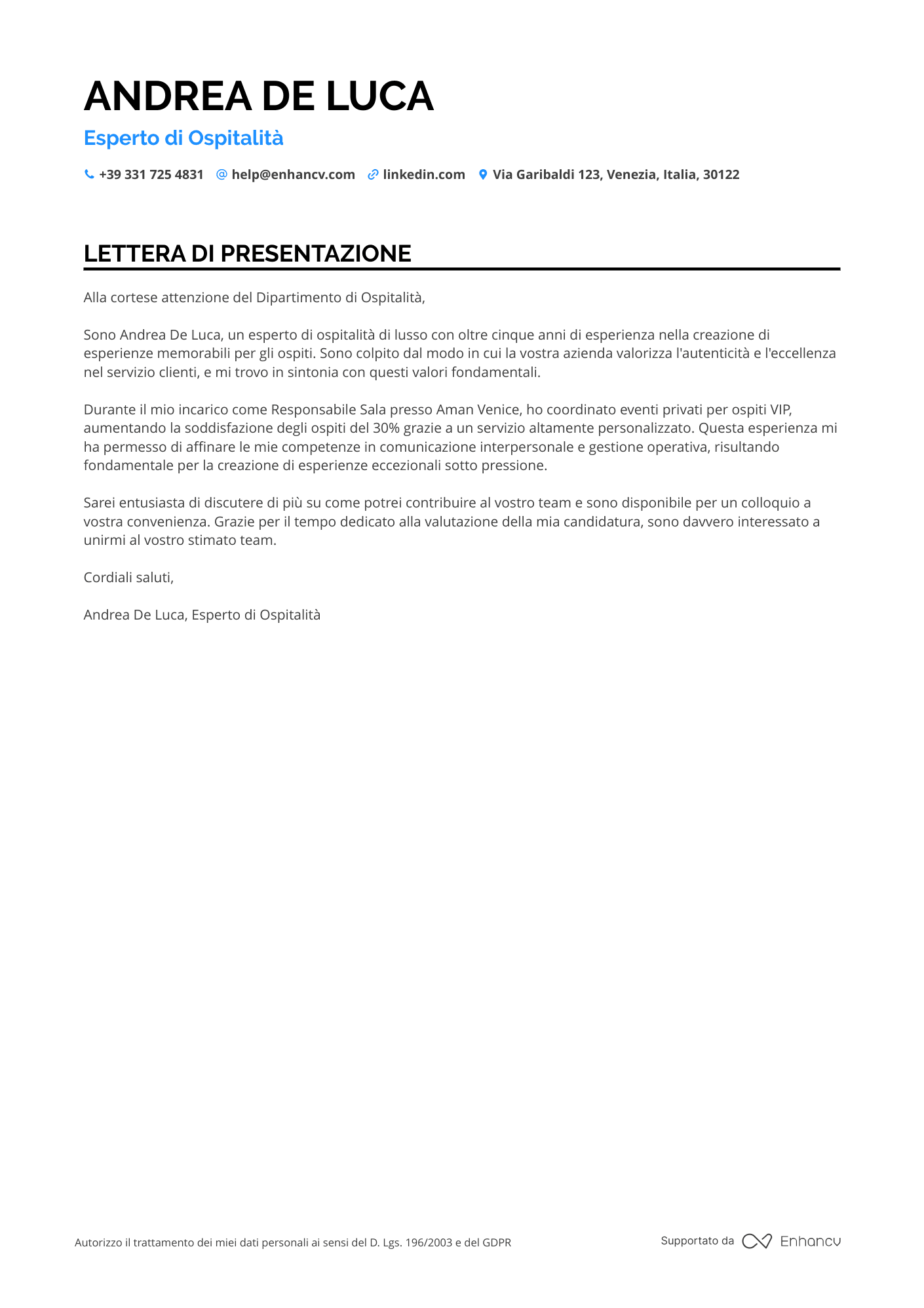 Ristorazione Lettera di presentazione