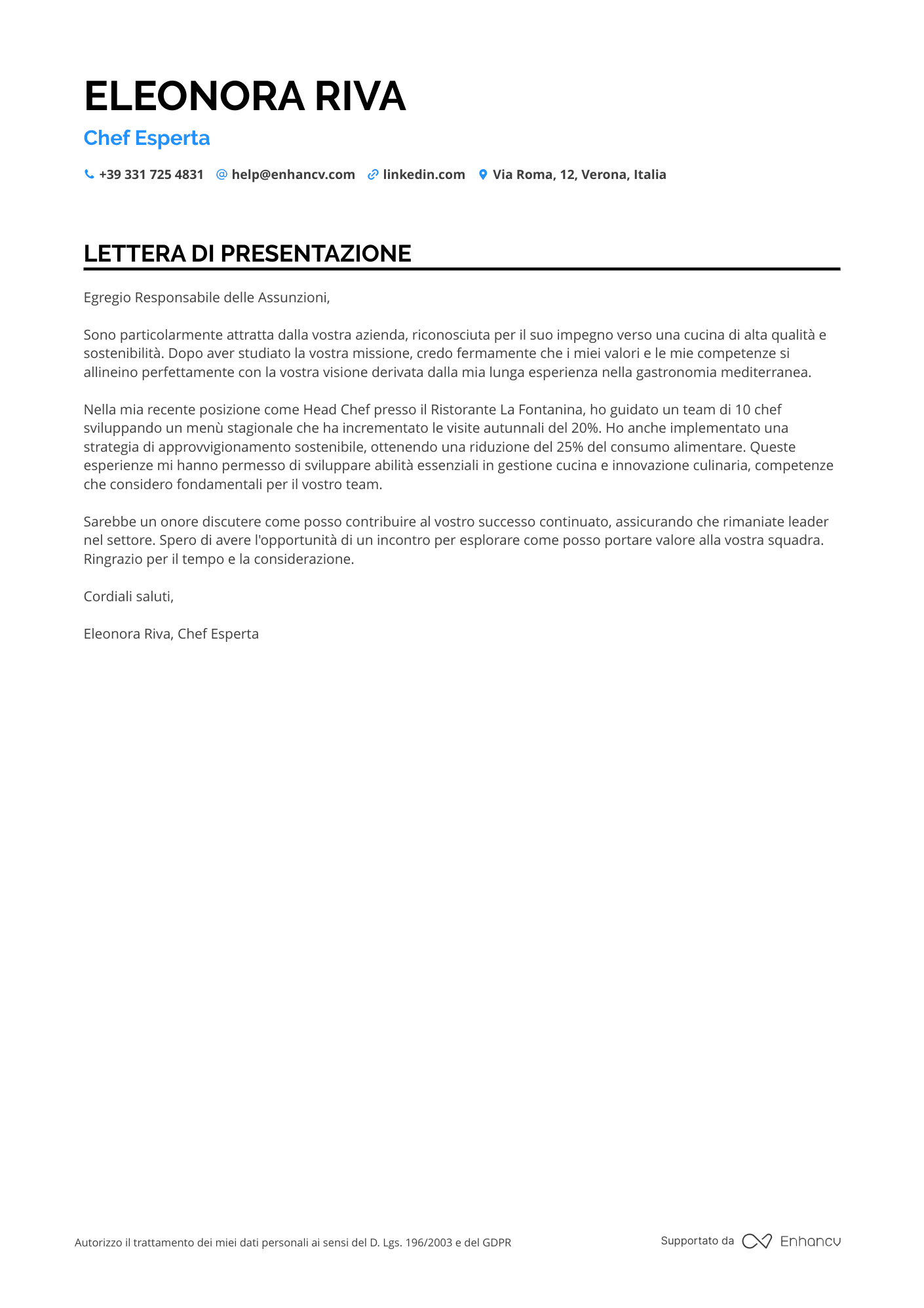 Pasticcere Lettera di presentazione