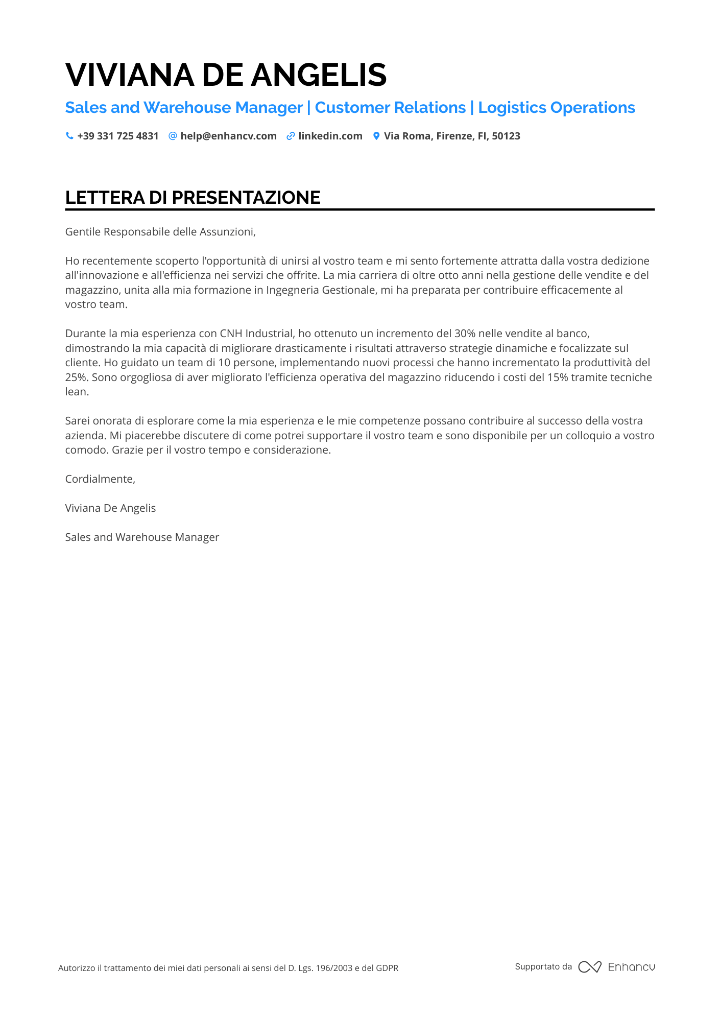 Muratore Lettera di presentazione