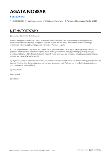 Sprzątaczka List motywacyjny