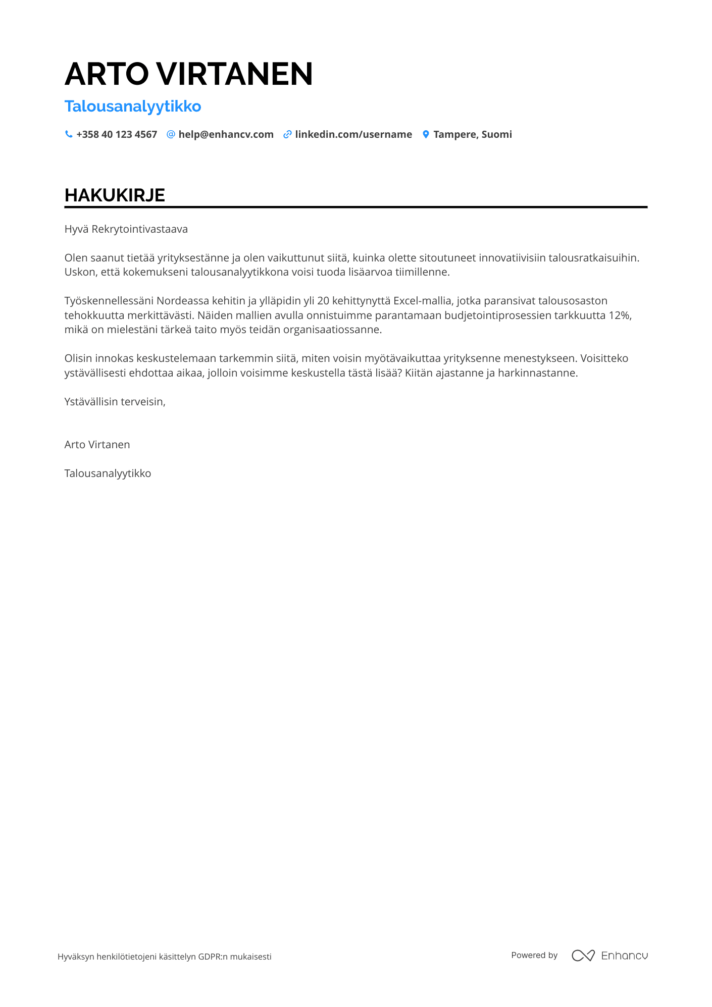 Talousanalyytikko Hakukirje