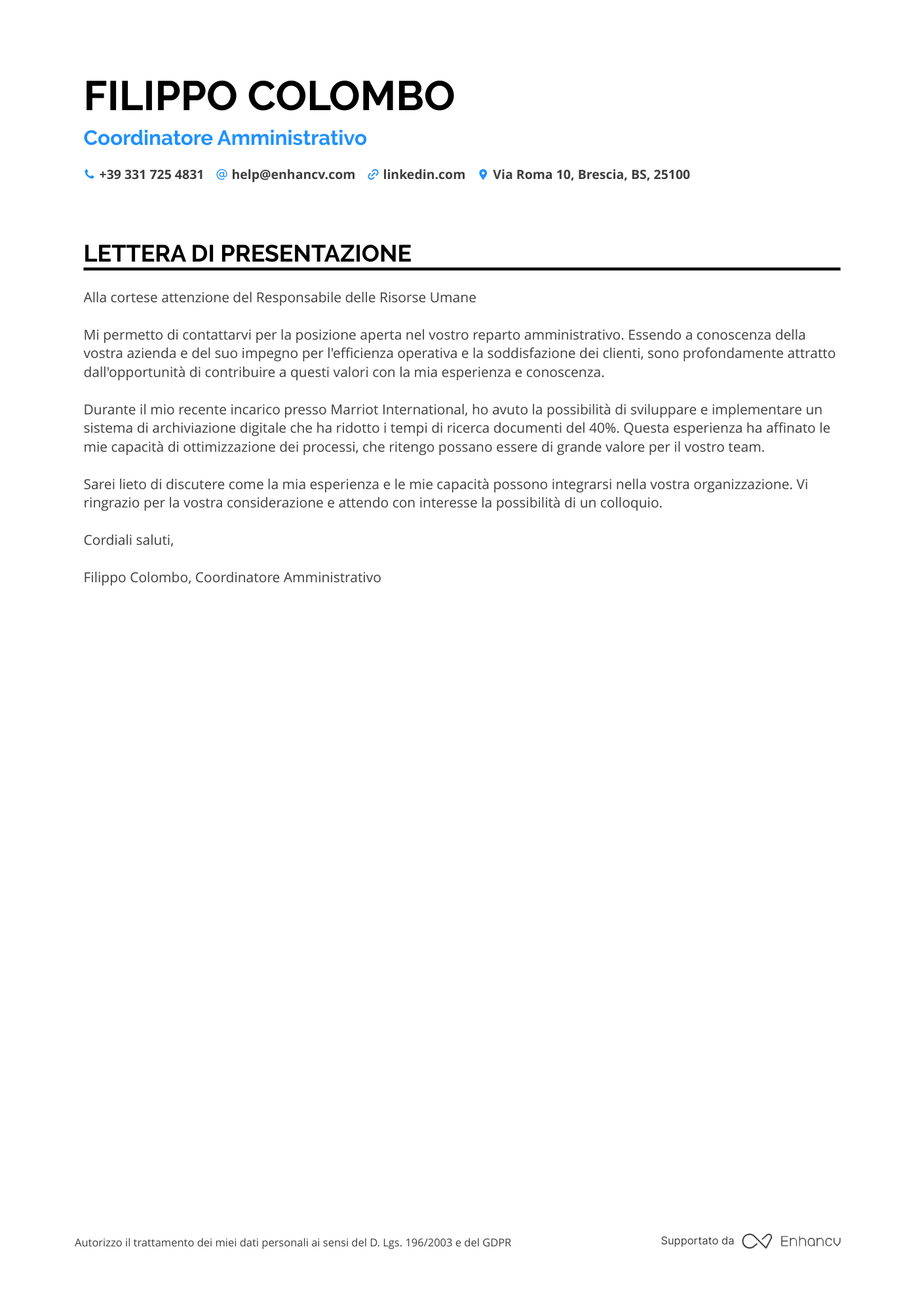 Commessa Lettera di presentazione
