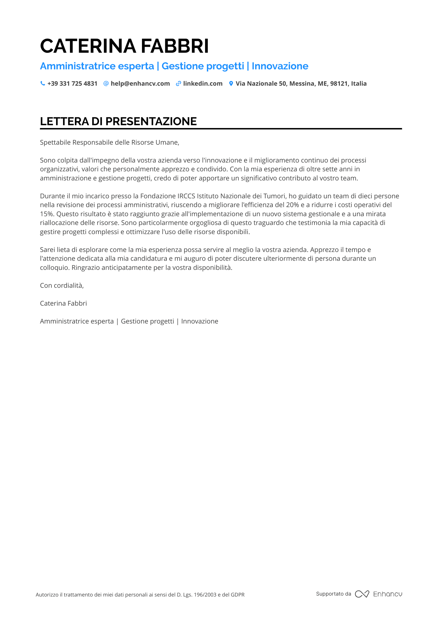 Impiegato Amministrativo Lettera di presentazione