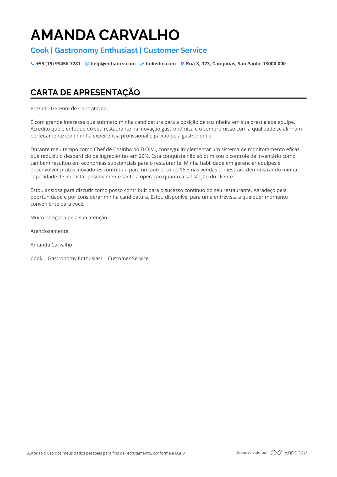 Cozinheiro Carta de apresentação